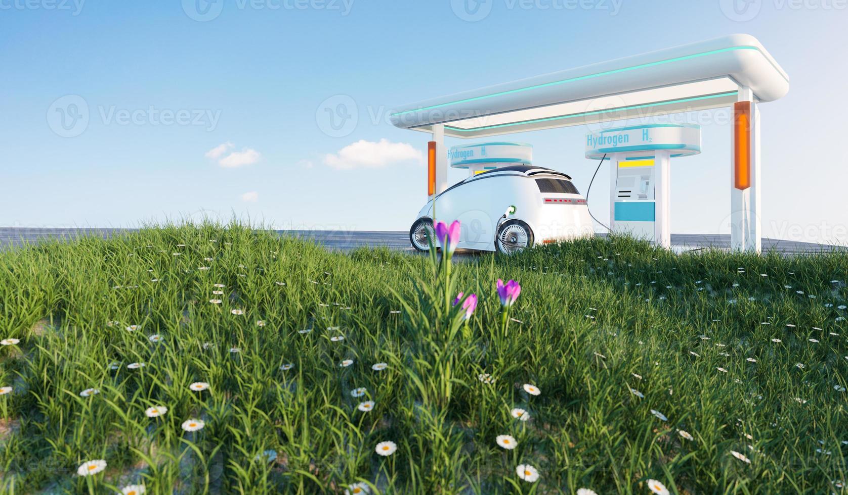 central elétrica de hidrogênio com campo de grama verde foto