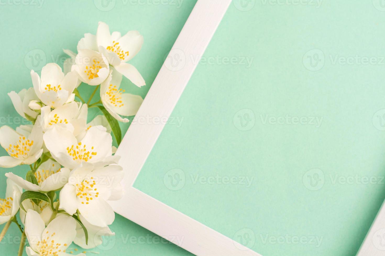 lindas flores brancas e moldura em branco sobre fundo pastel de hortelã. vista superior, copie o espaço. foto