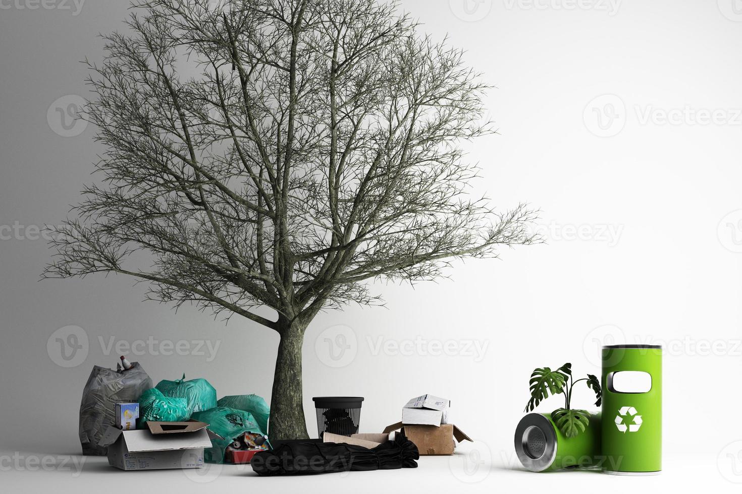 a árvore é cercada por muitas lixeiras recicláveis em um fundo branco. renderização 3D. foto