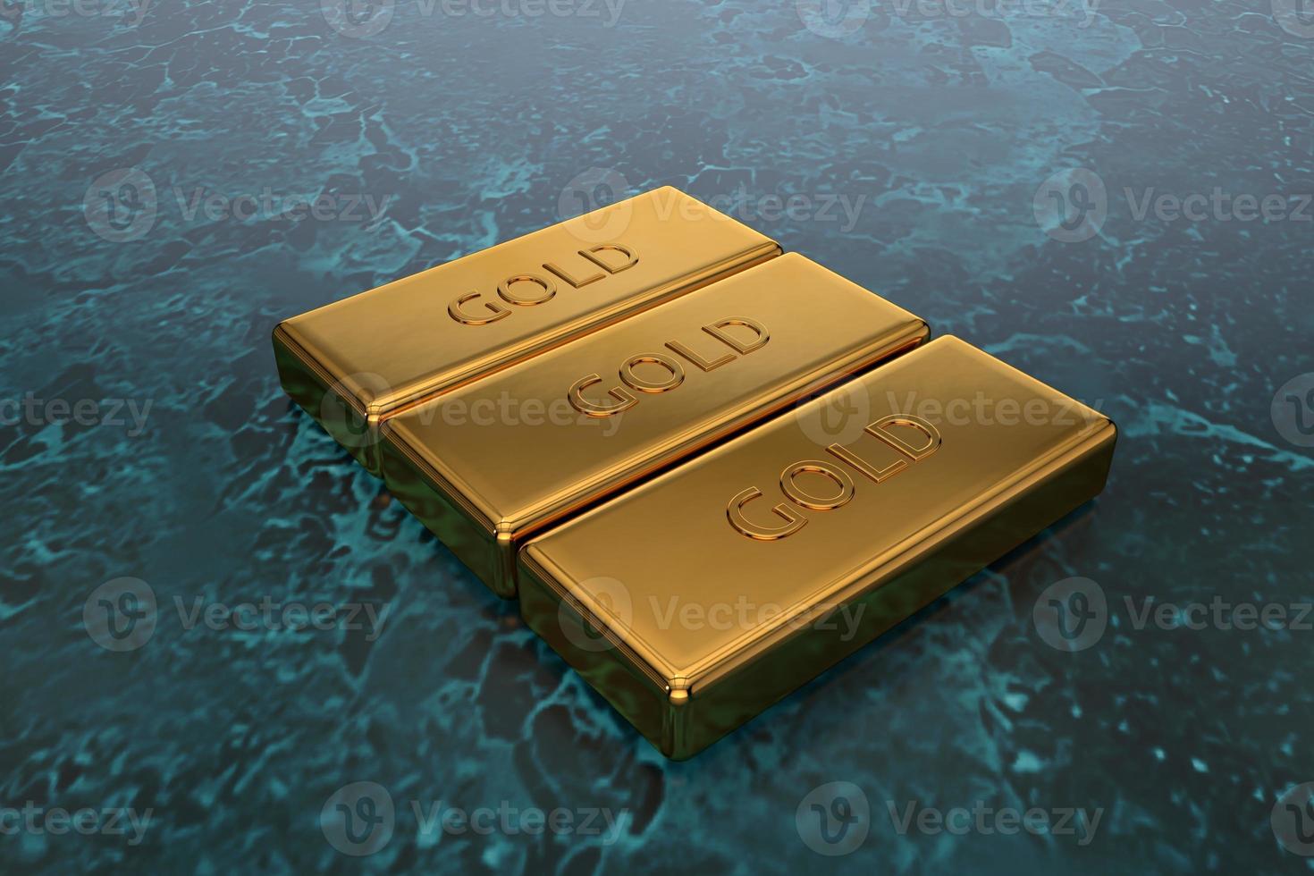 As barras de ouro 3D estão em uma superfície texturizada. símbolo de riqueza e riqueza foto
