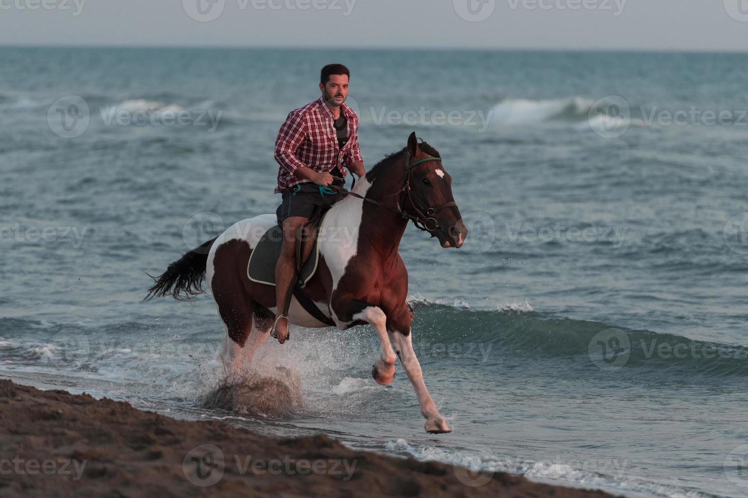 um homem moderno em roupas de verão gosta de andar a cavalo em uma bela praia ao pôr do sol. foco seletivo foto