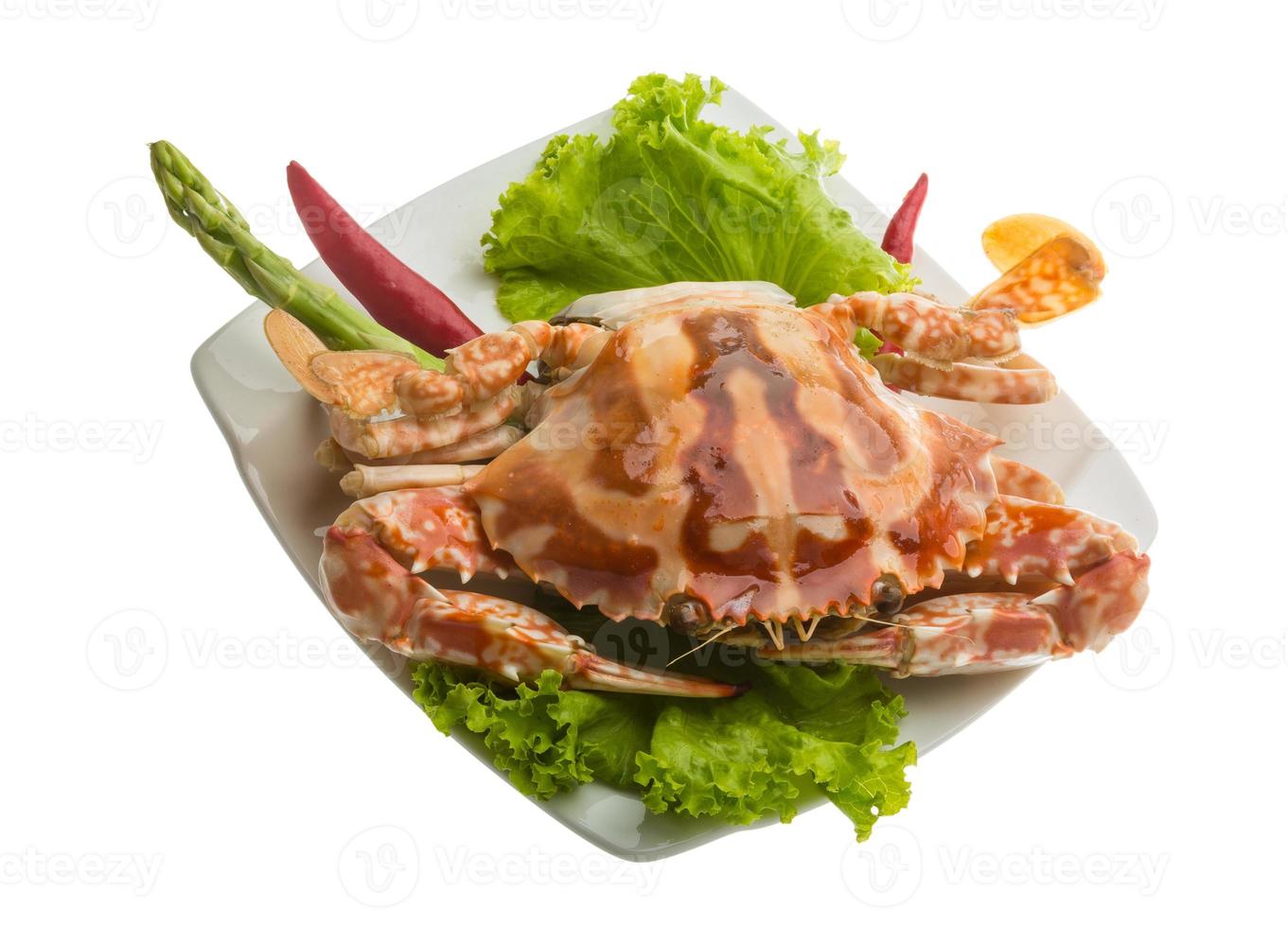 caranguejo vermelho no prato e fundo branco foto