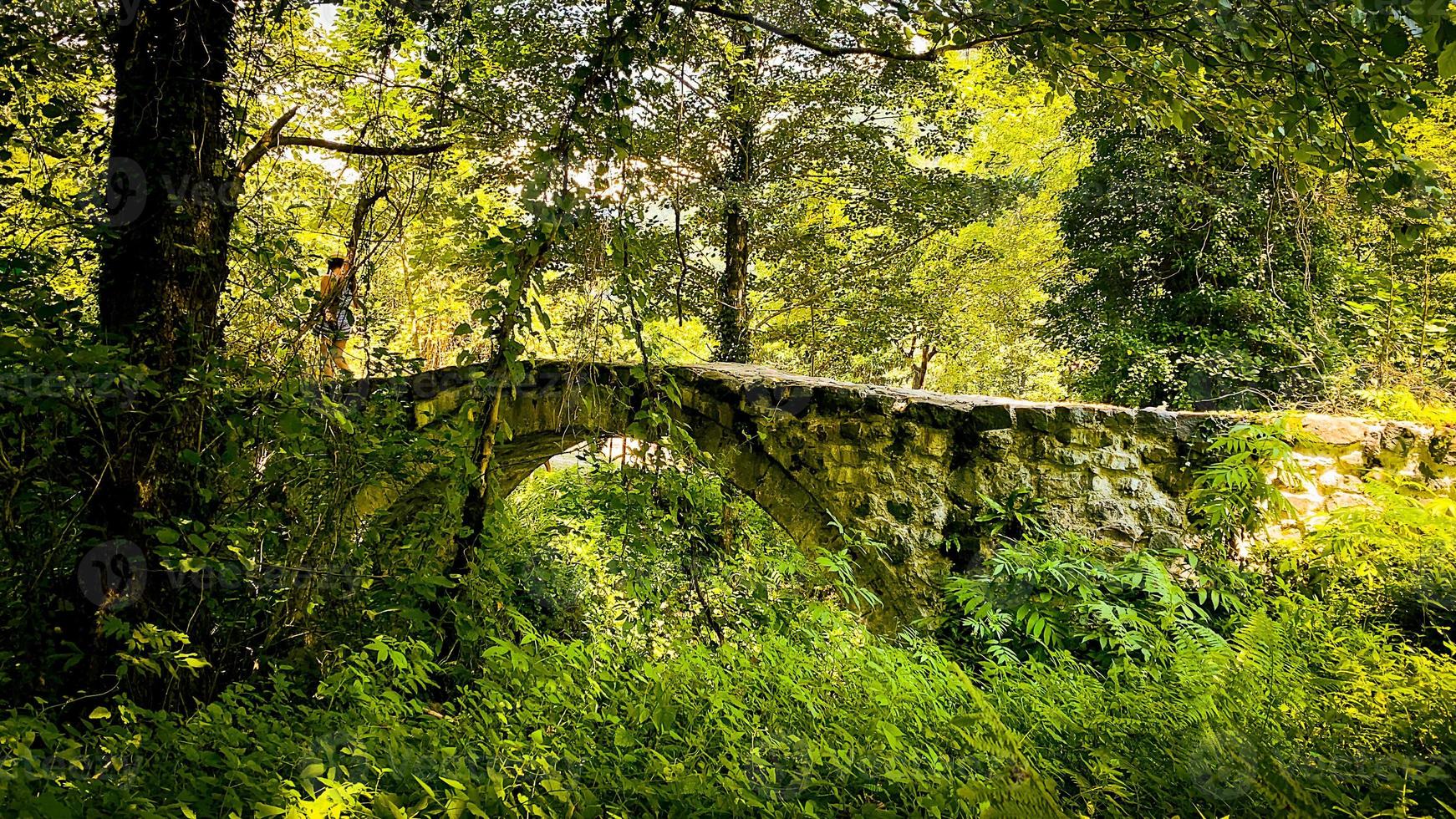 a ponte de arco de pedra em mirveti com turista feminina posando para foto. destino de viagem adjara ao ar livre foto