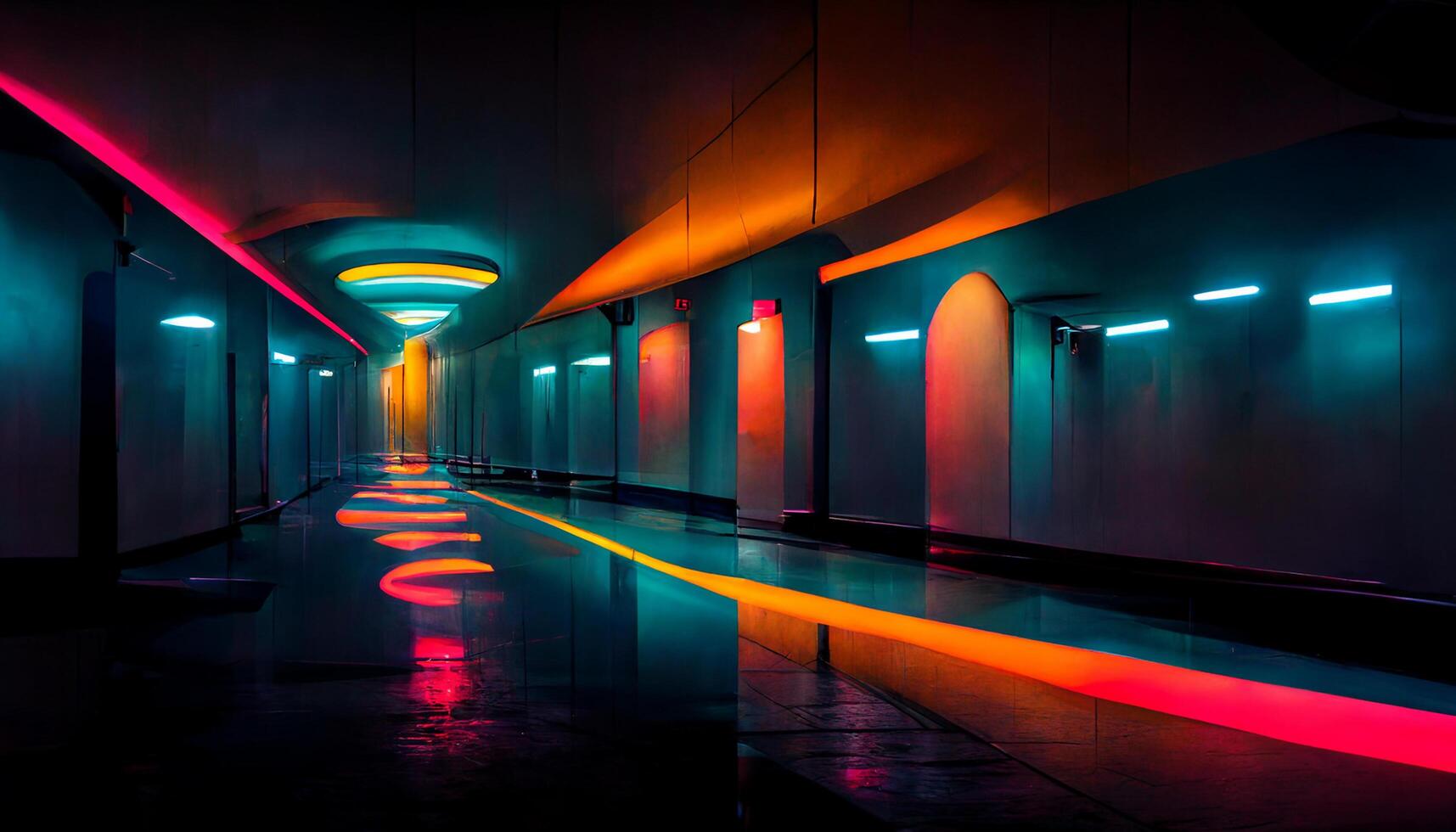 sala escura de corredor futurista de ficção científica abstrata na estação espacial com fundo de luzes de neon brilhantes, design de arte digital foto