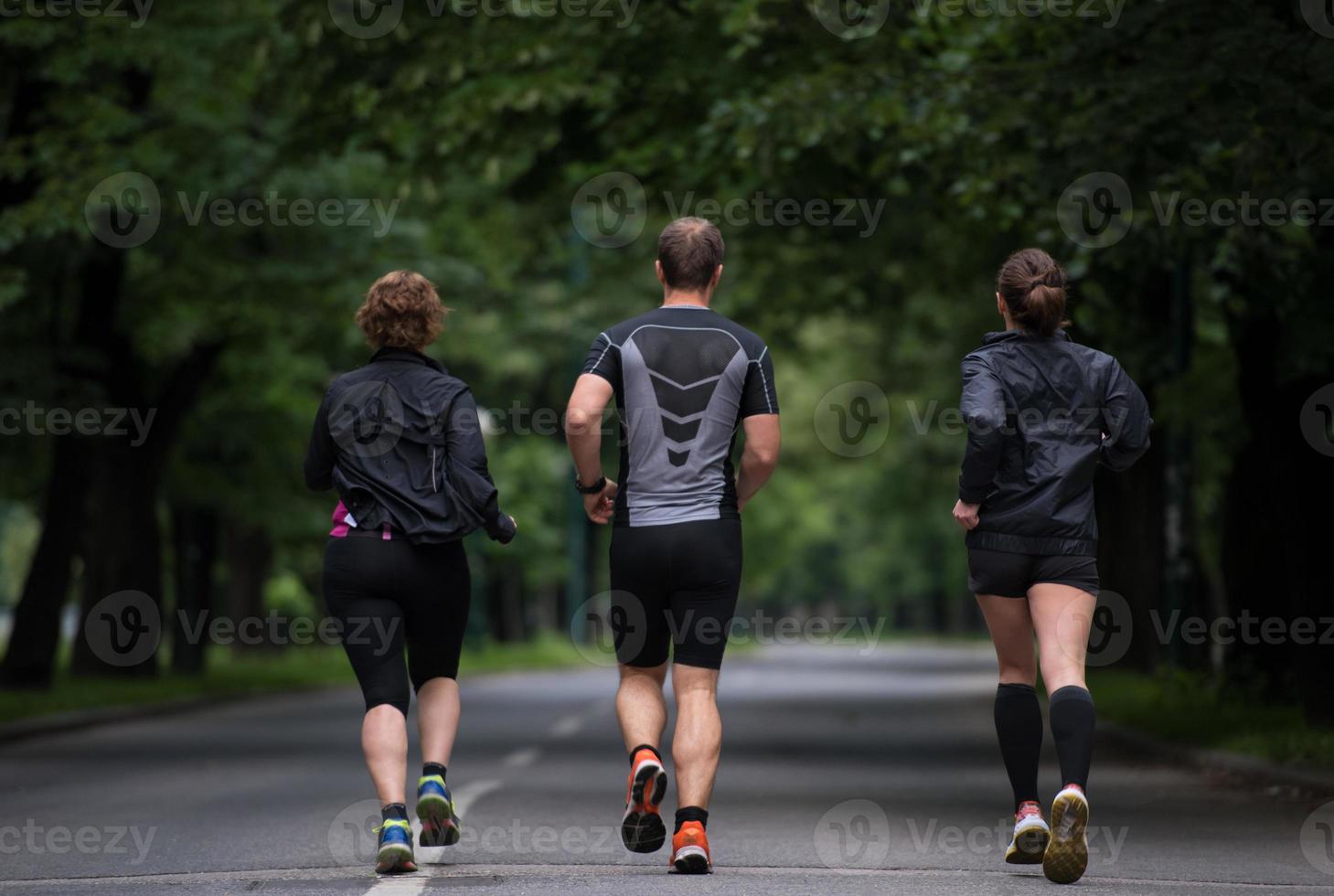 equipe de corredores no treinamento matinal foto