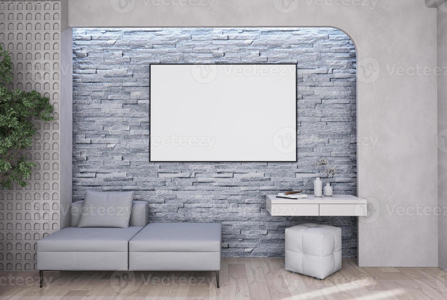 simular o quadro de pôster no interior moderno, totalmente mobiliado, fundo de quartos, sala de estar, foto
