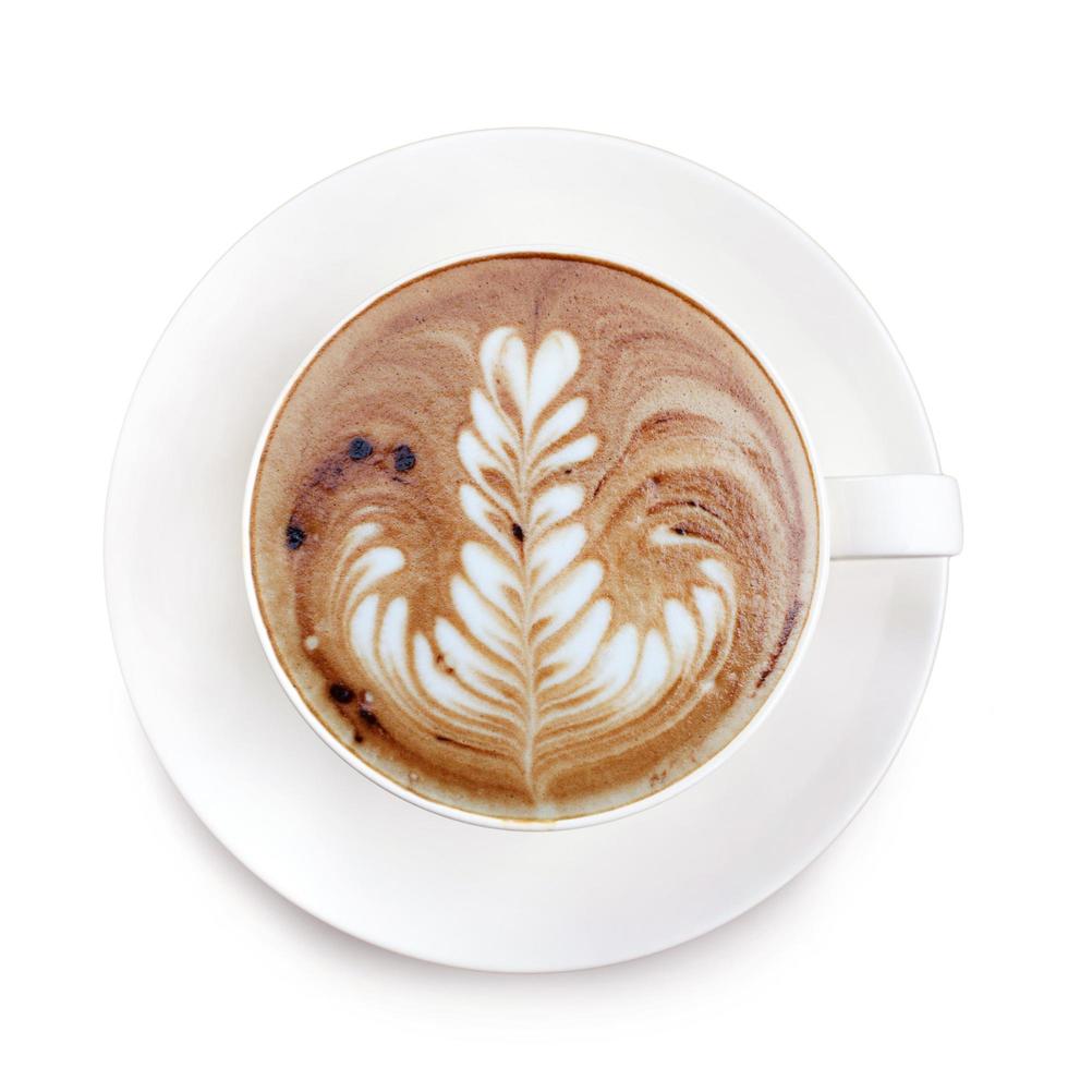 vista superior café com leite em fundo branco foto
