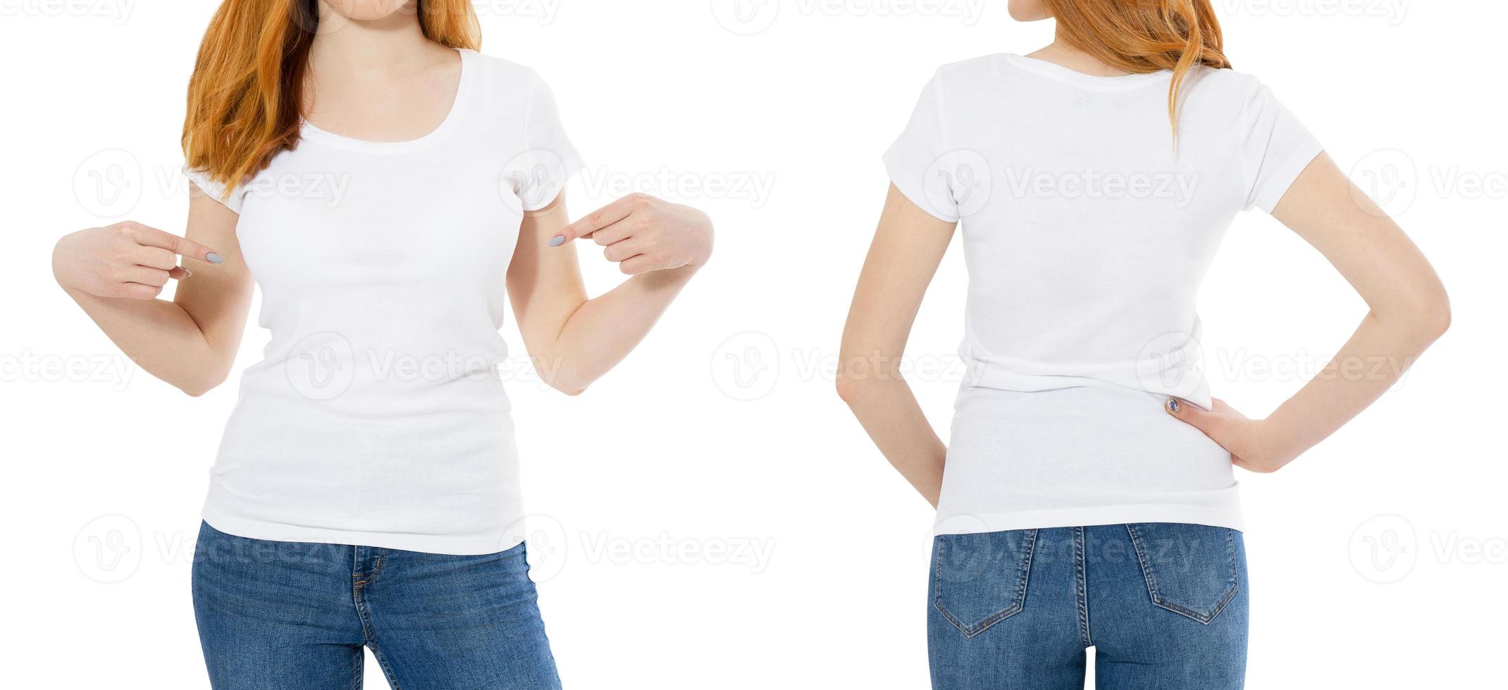 camiseta branca em um modelo de garota de cabelo vermelho jovem isolado no fundo branco para trás e para a frente com traçado de recorte. camiseta branca feminina, maquete de camiseta feminina foto