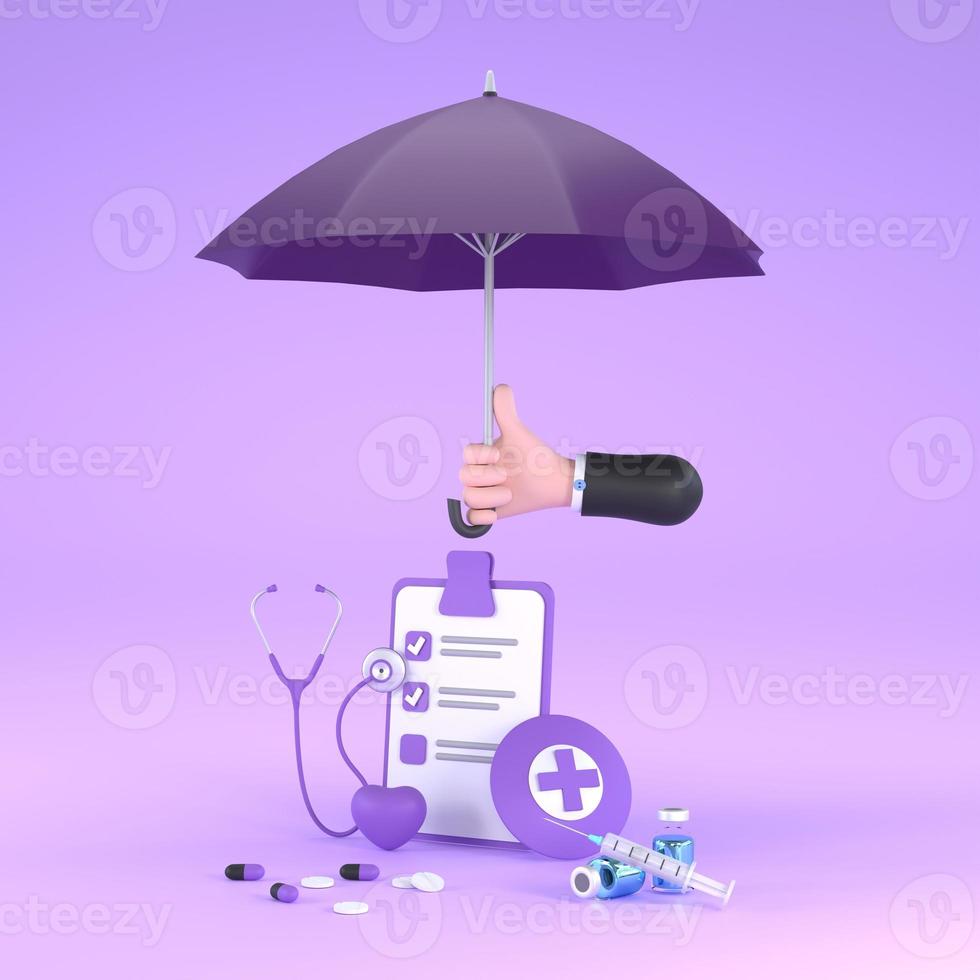 mão segure estetoscópio de guarda-chuva roxo, seringa, coração vermelho e lista de verificação. foto