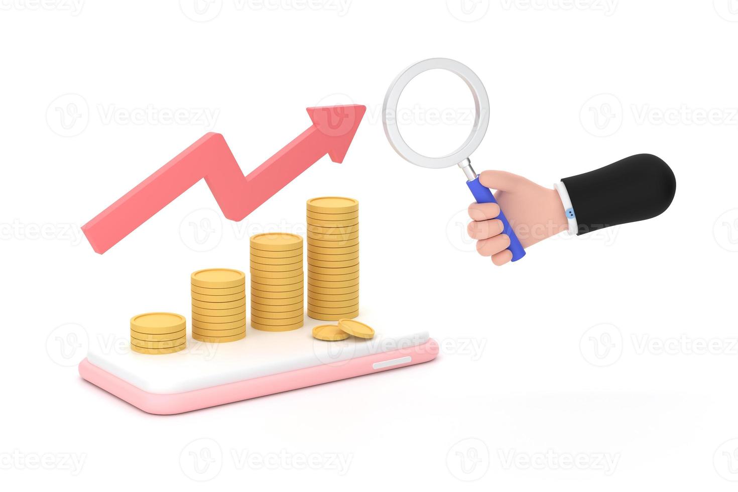 mão segurando a lupa e moedas, gráfico em um conceito de telefone móvel de gestão financeira foto