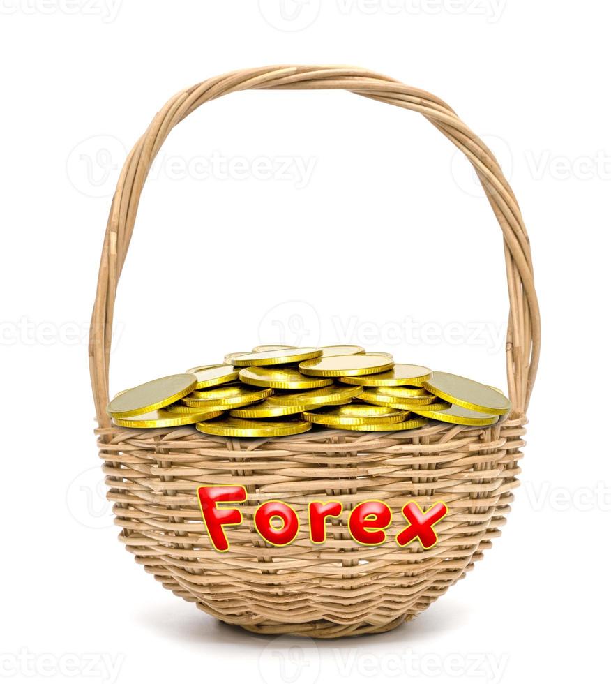 moedas de ouro na cesta de vime com escrever a palavra forex isolada em um fundo branco foto