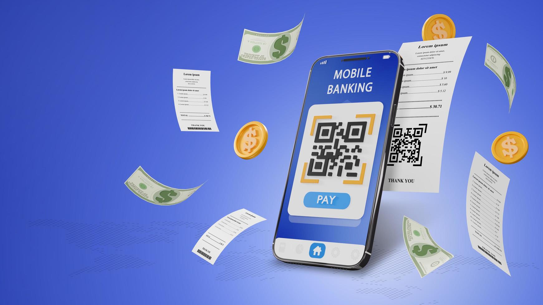 renderização em 3D de digitalização de código qr e pagamento on-line por telefone celular. código qr de digitalização móvel, pagar a conta de faturas. aplicativo móvel de transação on-line para transferências de dinheiro digital foto