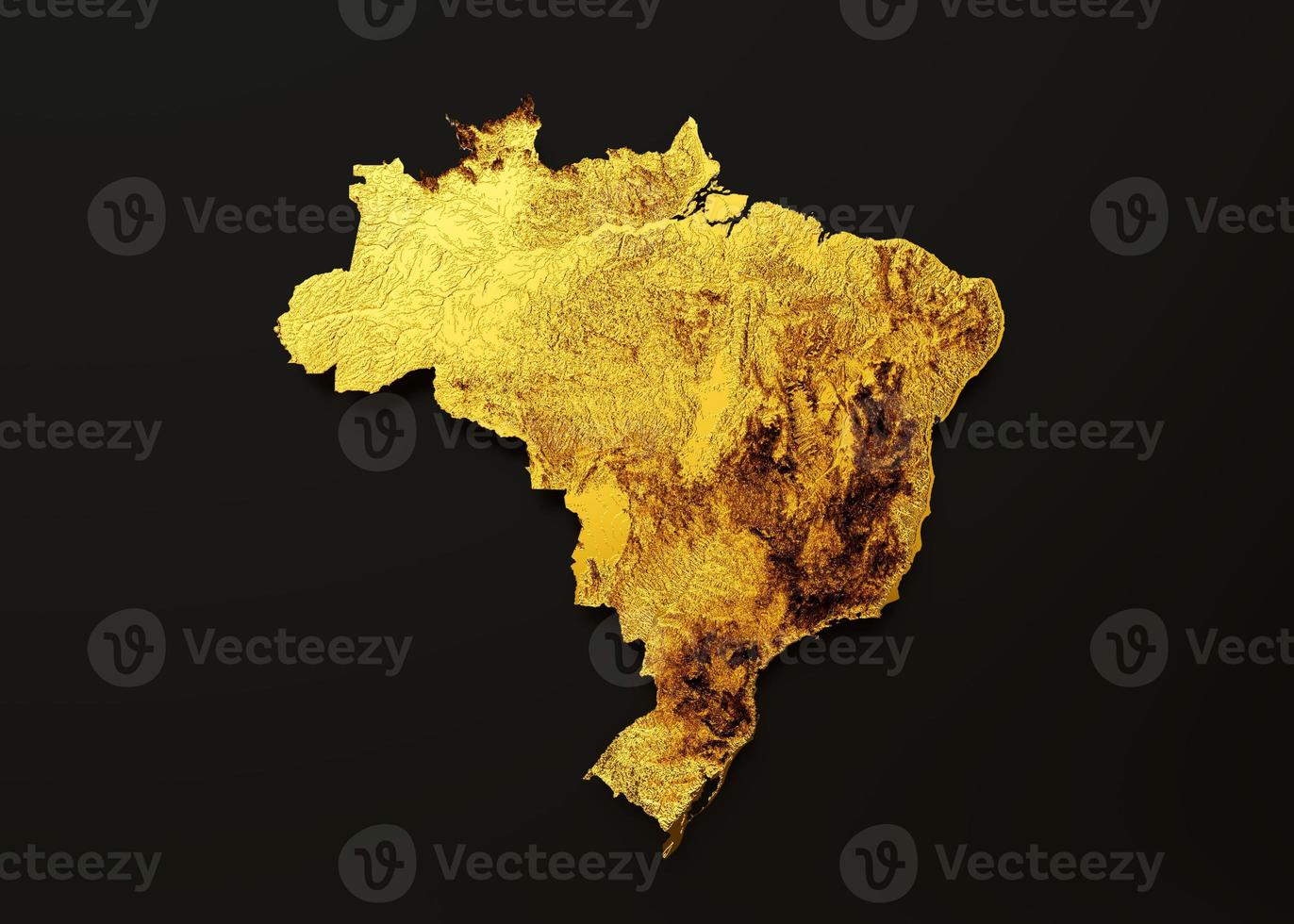 mapa do brasil mapa de altura de cor de metal dourado em ilustração 3d de fundo preto foto