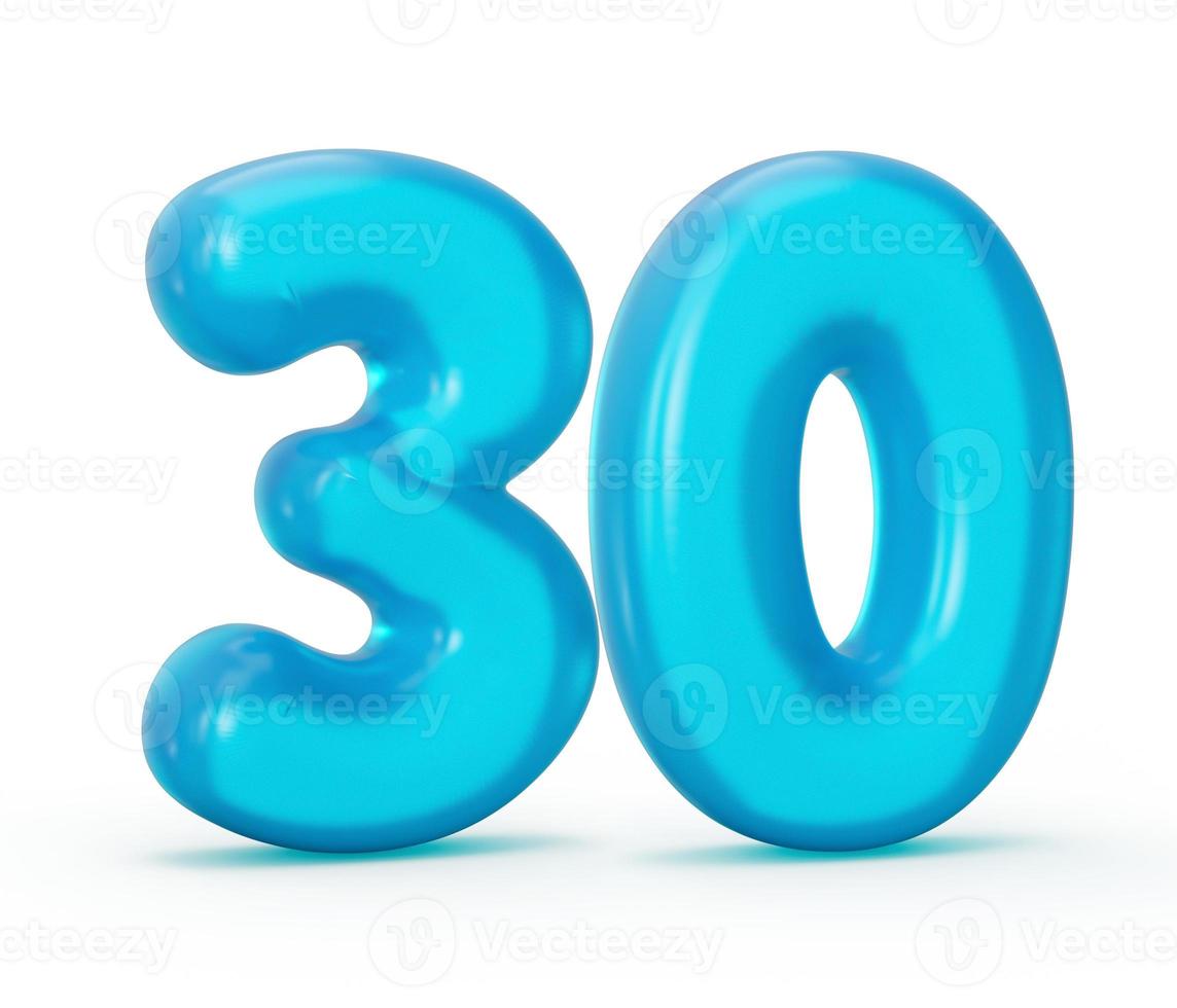 dígito de geléia azul 30 trinta isolado no fundo branco números de alfabetos coloridos de geléia para ilustração 3d de crianças foto