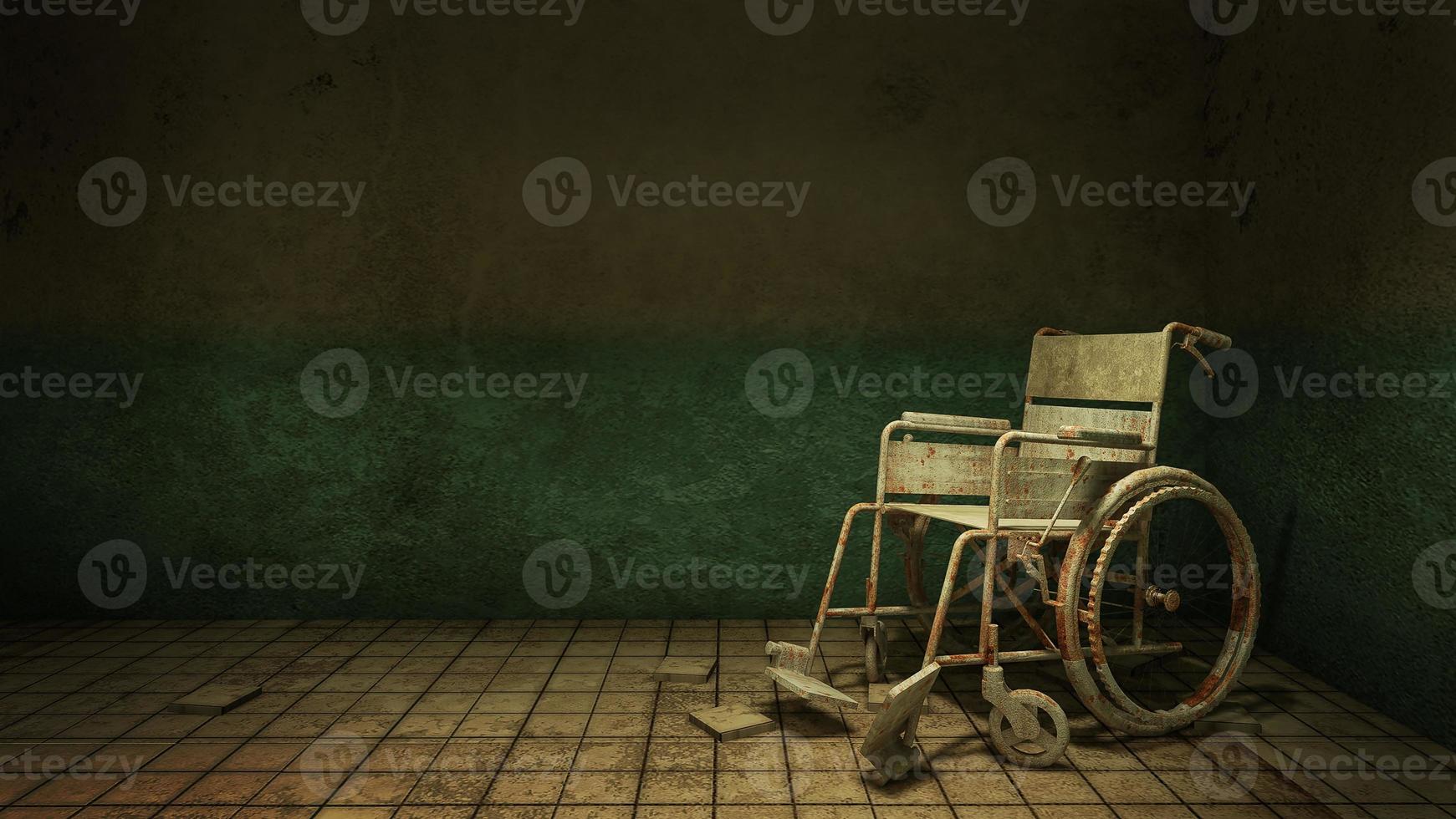 horror e caminhada assustadora e cadeira de rodas em frente à sala de exame no hospital. renderização em 3d foto