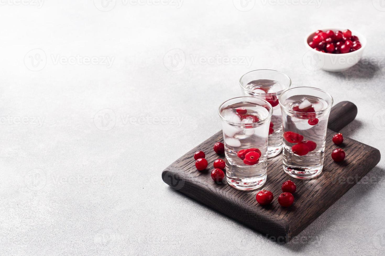pilhas de vodka e cranberries em um suporte de madeira e fundo. cópia do espaço. bar tintura de bebida alcoólica. foto