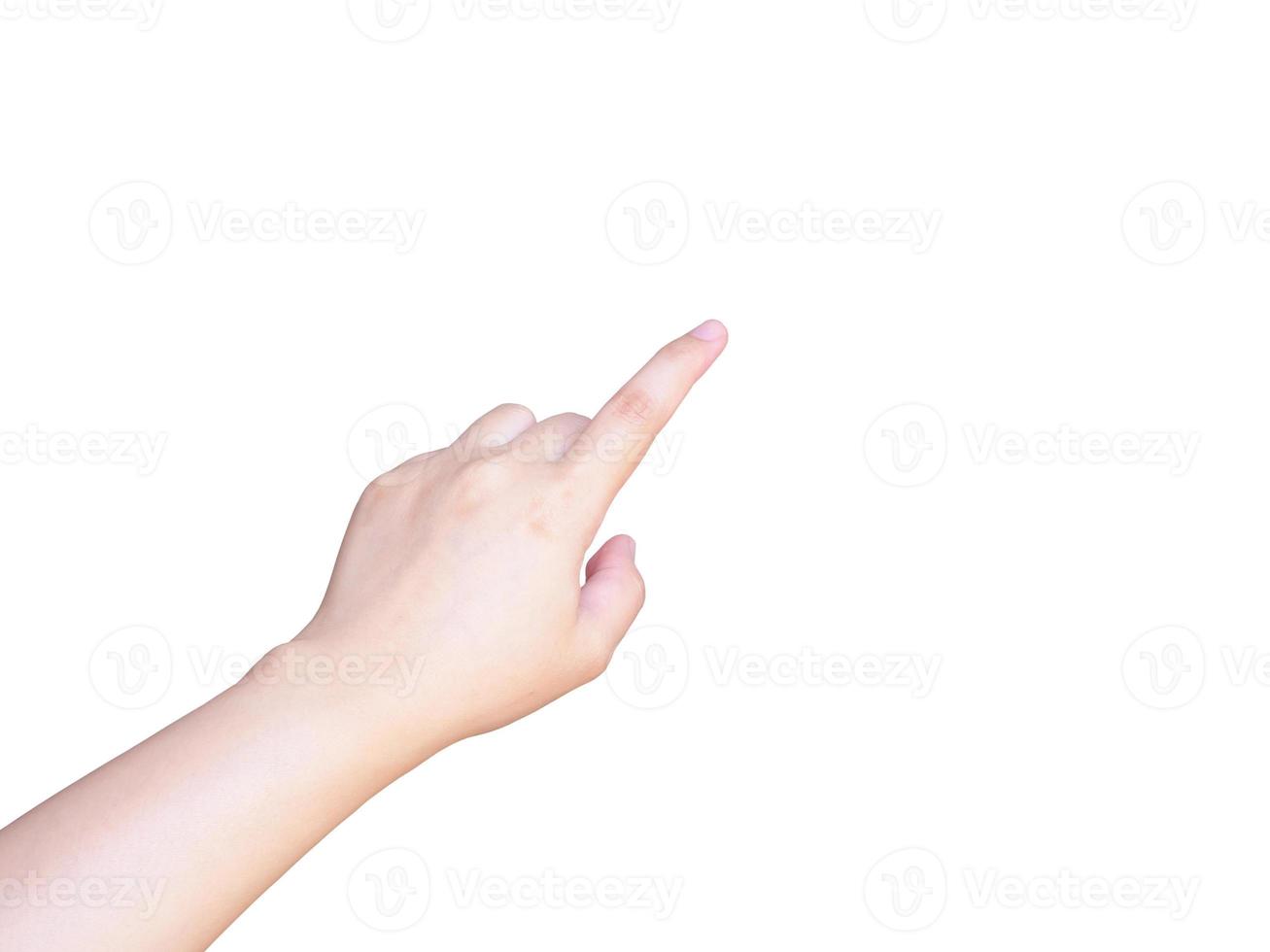 mão feminina tocando ou apontando para algo isolado no branco foto