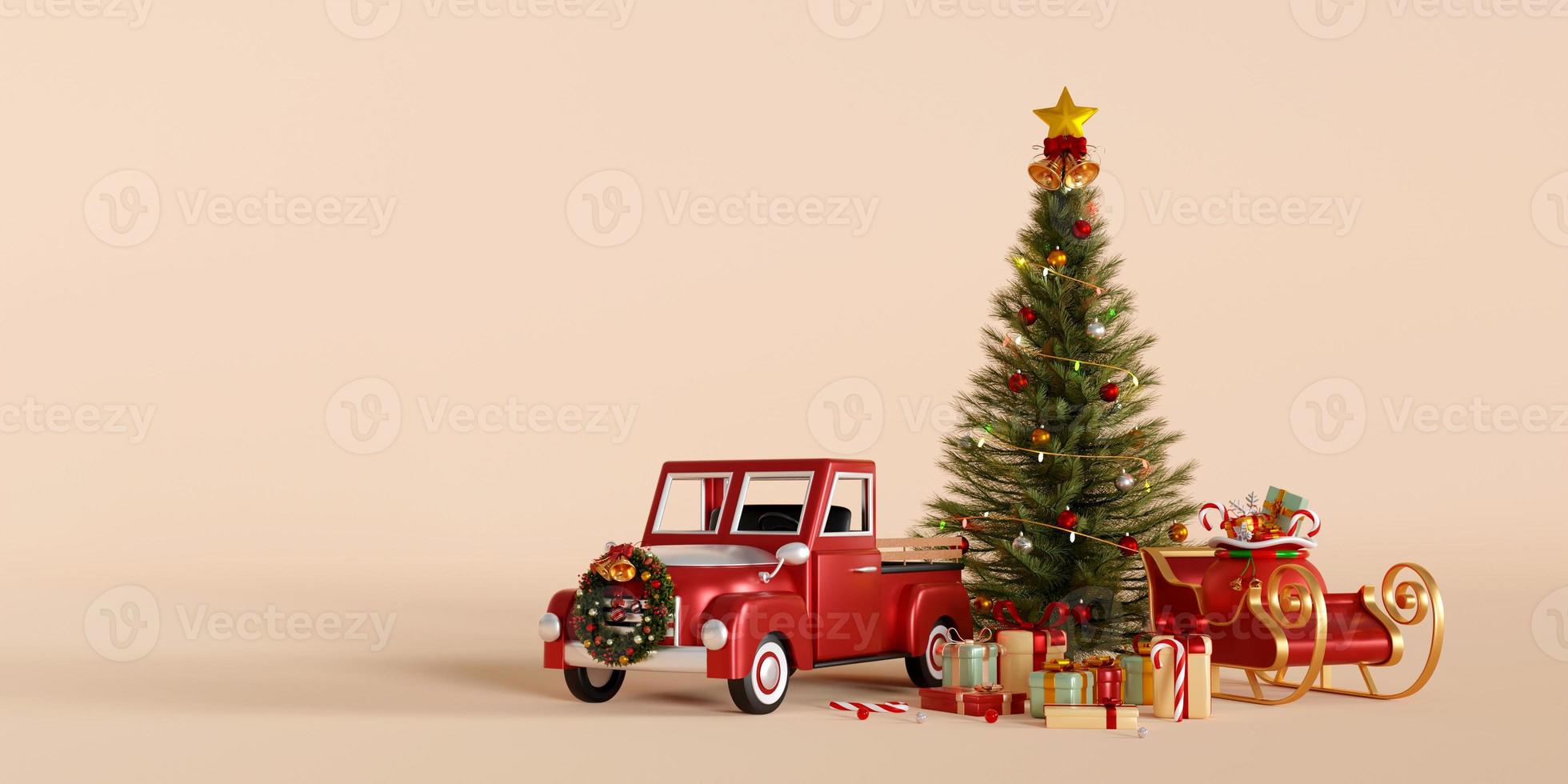 ilustração 3D do banner de natal, árvore de natal com caminhão e trenó, feliz natal foto