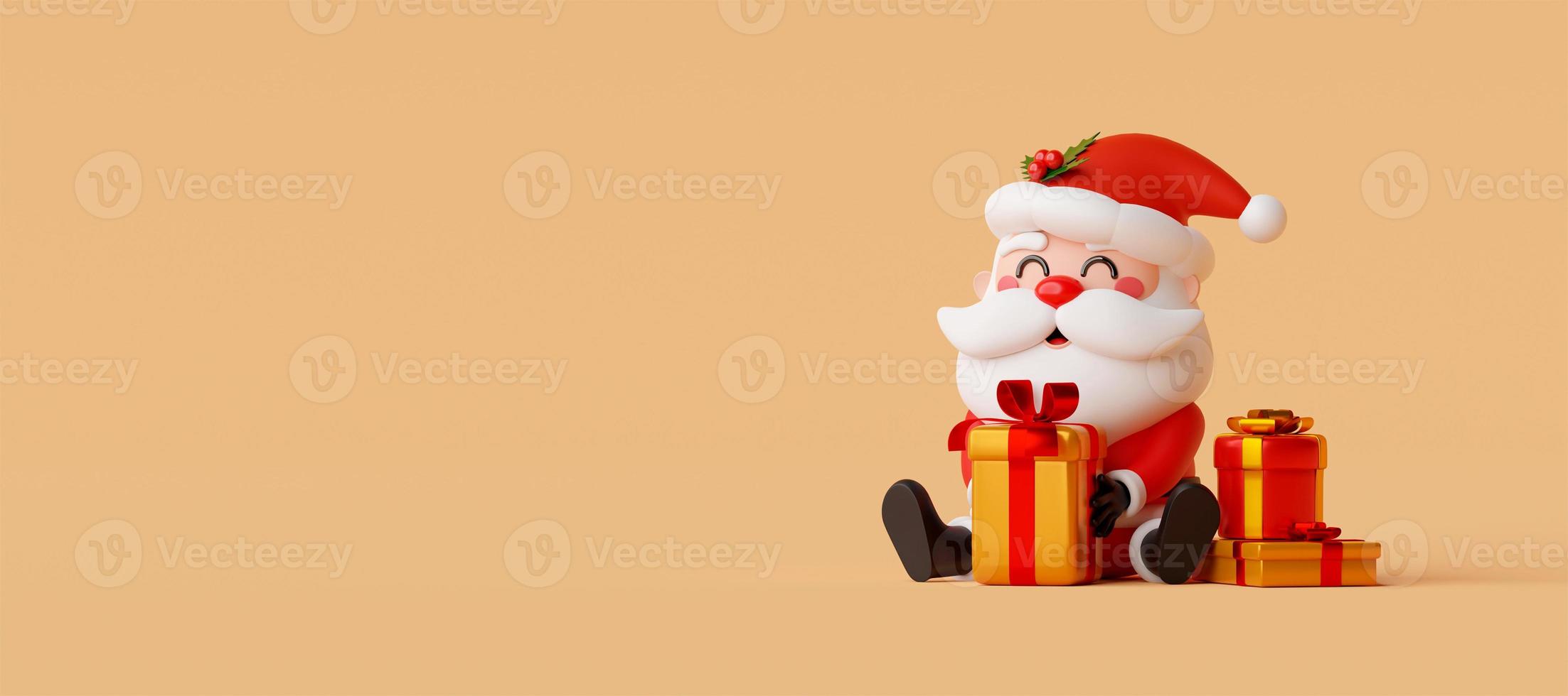 banner de natal de ilustração 3d, papai noel com presente de natal, feliz natal foto