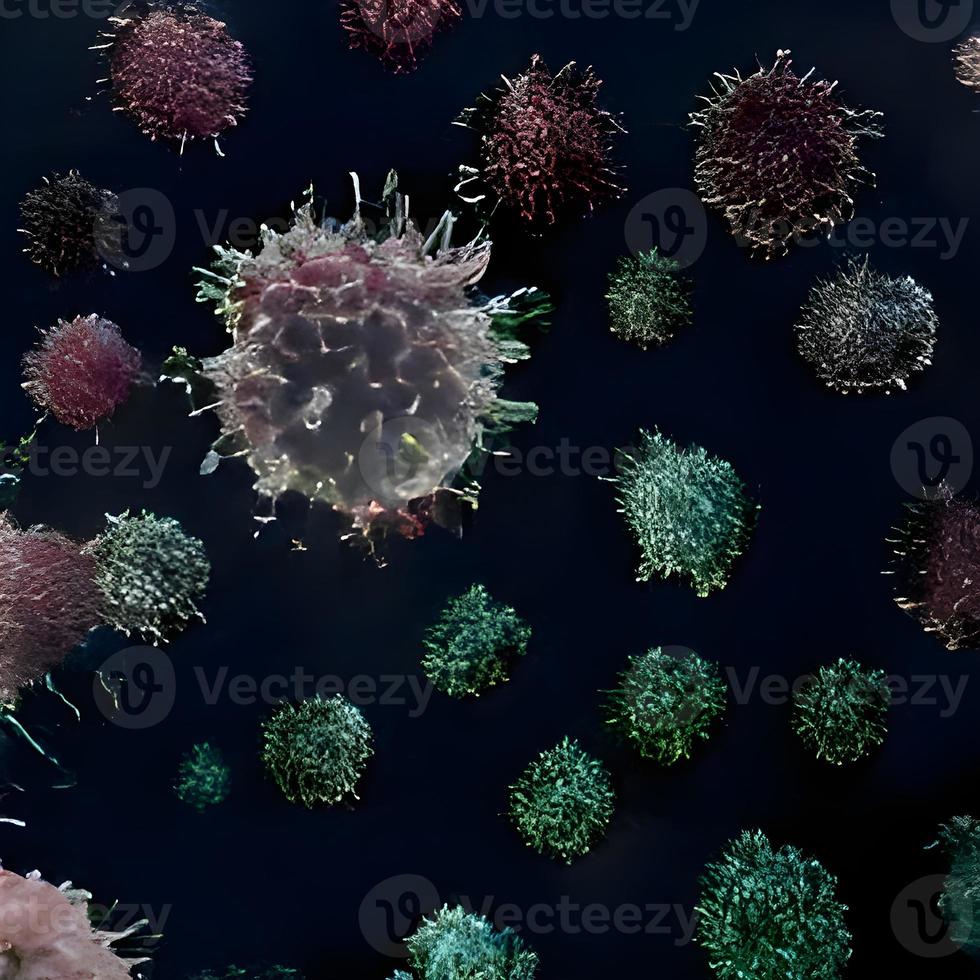 covid-19, surto de coronavírus, vírus flutuando em um ambiente celular, fundo de influenza coronavírus, epidemia de doença viral, renderização em 3d de vírus, ilustração de organismo, vírus visto micro foto