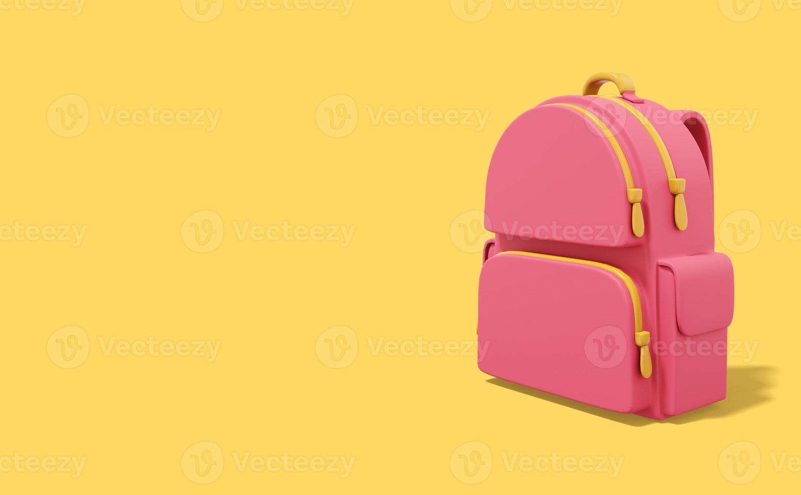 renderização 3D. mochila de cidade escolar multicolorida em fundo amarelo com espaço para texto. foto