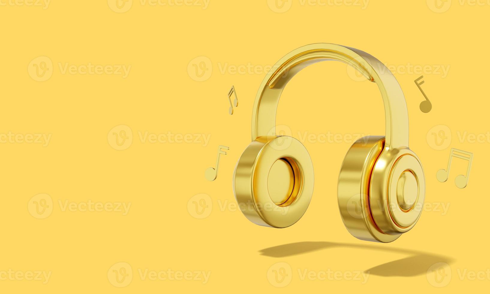 fones de ouvido dourados realistas com notas musicais em fundo amarelo com espaço para texto. renderização 3D. foto