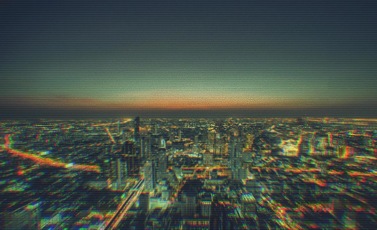 paisagem urbana de edifícios modernos no fundo noturno da cidade com efeito de falha digital foto