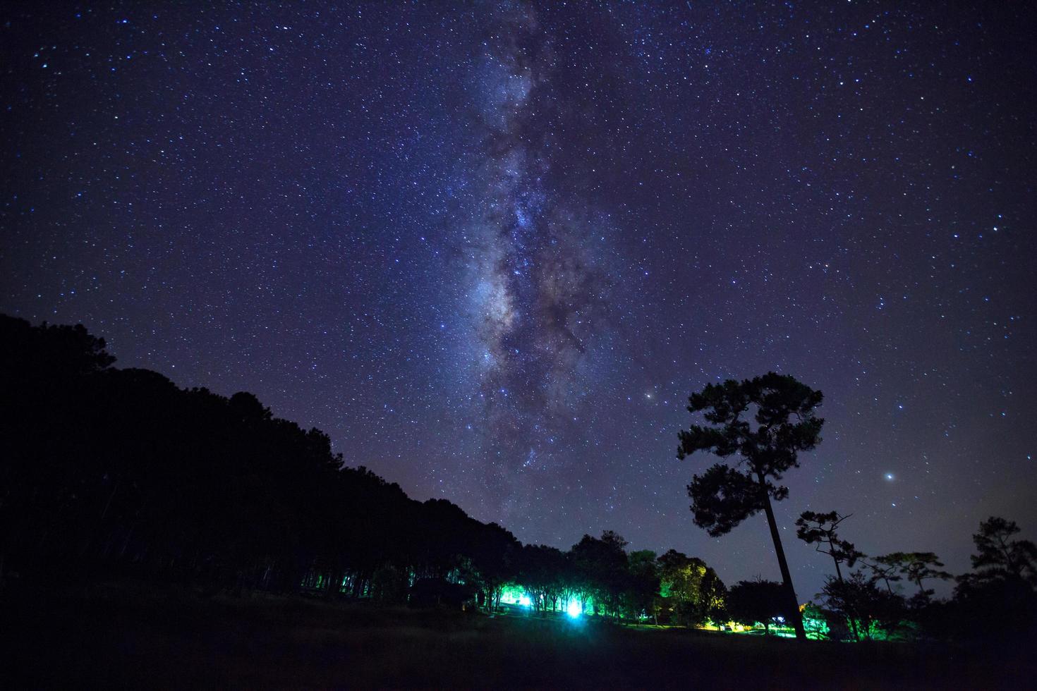 paisagem via láctea galáxia com poeira de estrelas e espaço no universo, fotografia de longa exposição, com grãos. foto