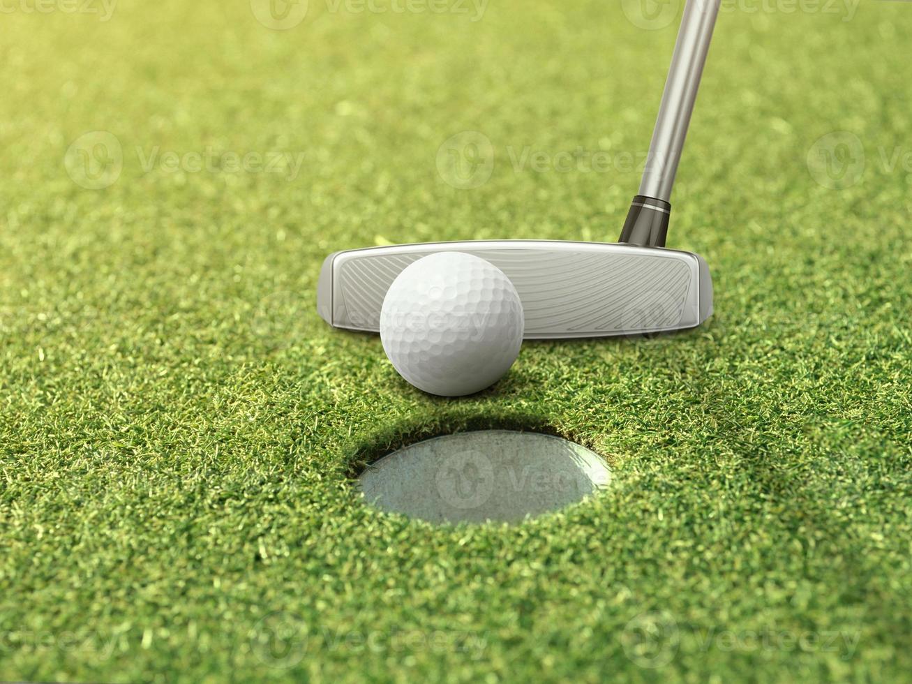 bola de golfe e taco está na grama verde ao lado do buraco de golfe foto