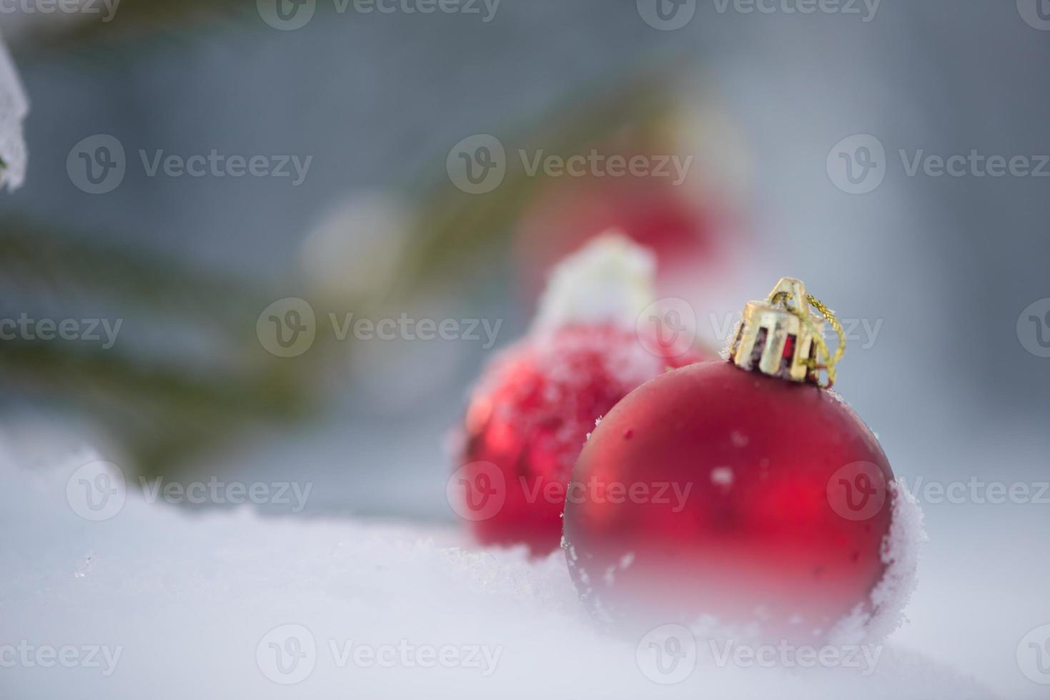 bolas vermelhas de natal na neve fresca foto