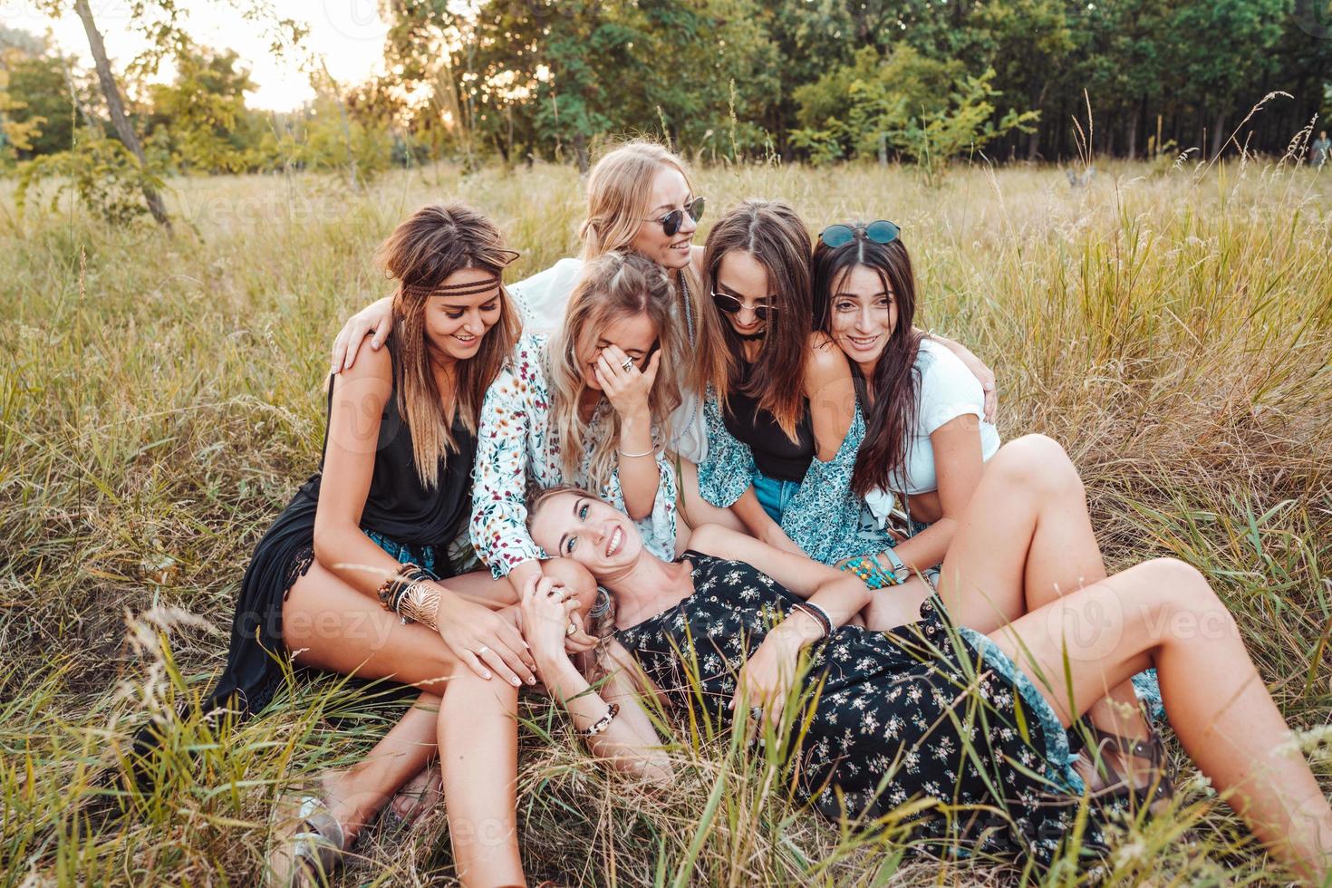 seis garotas na natureza estão sentadas na grama. foto