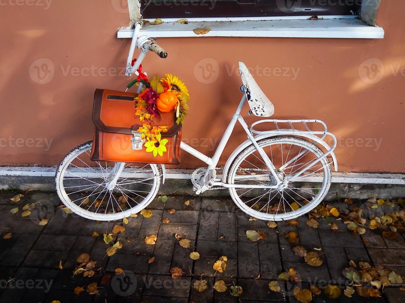 uma bicicleta retrô com uma pasta escolar de couro com decoração de outono fica perto da parede sob a janela. o conceito de outono, escola, dia das bruxas foto