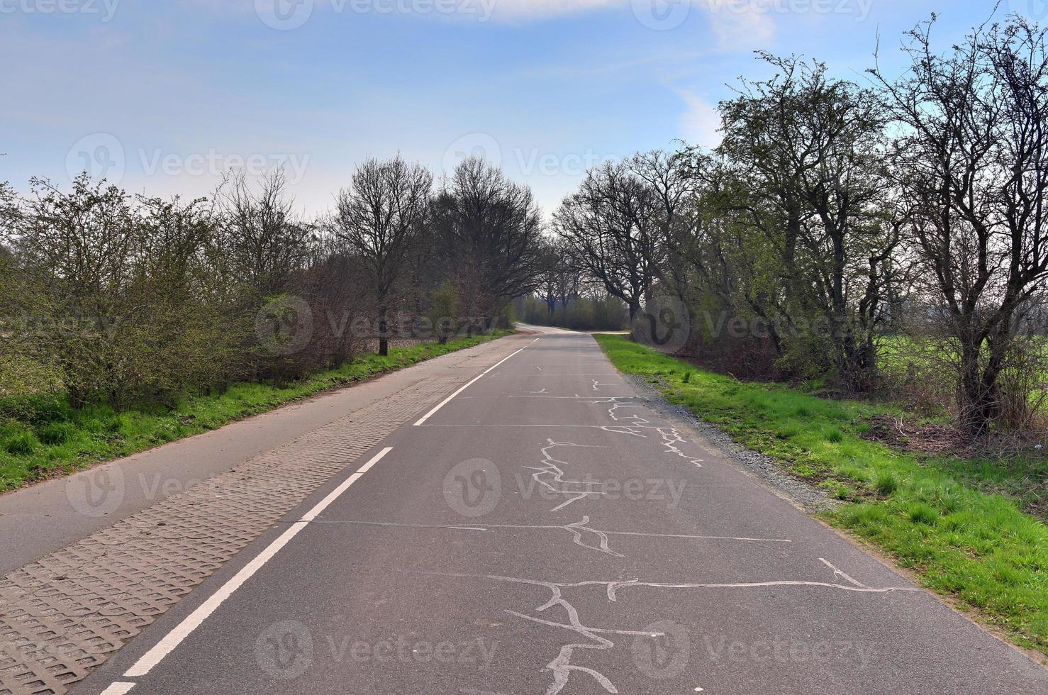 bela vista em estradas rurais com campos e árvores no norte da europa foto