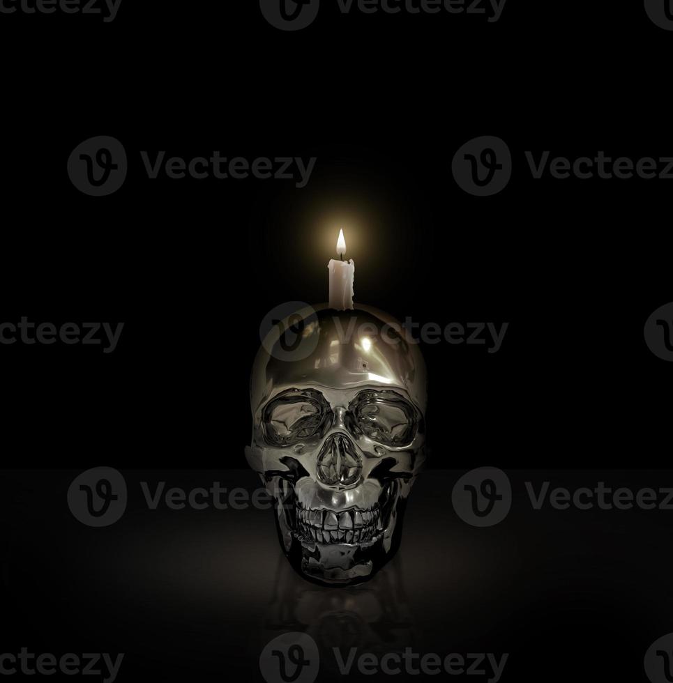 caveira de ferro e luz de velas no conceito de halloween de fundo preto foto