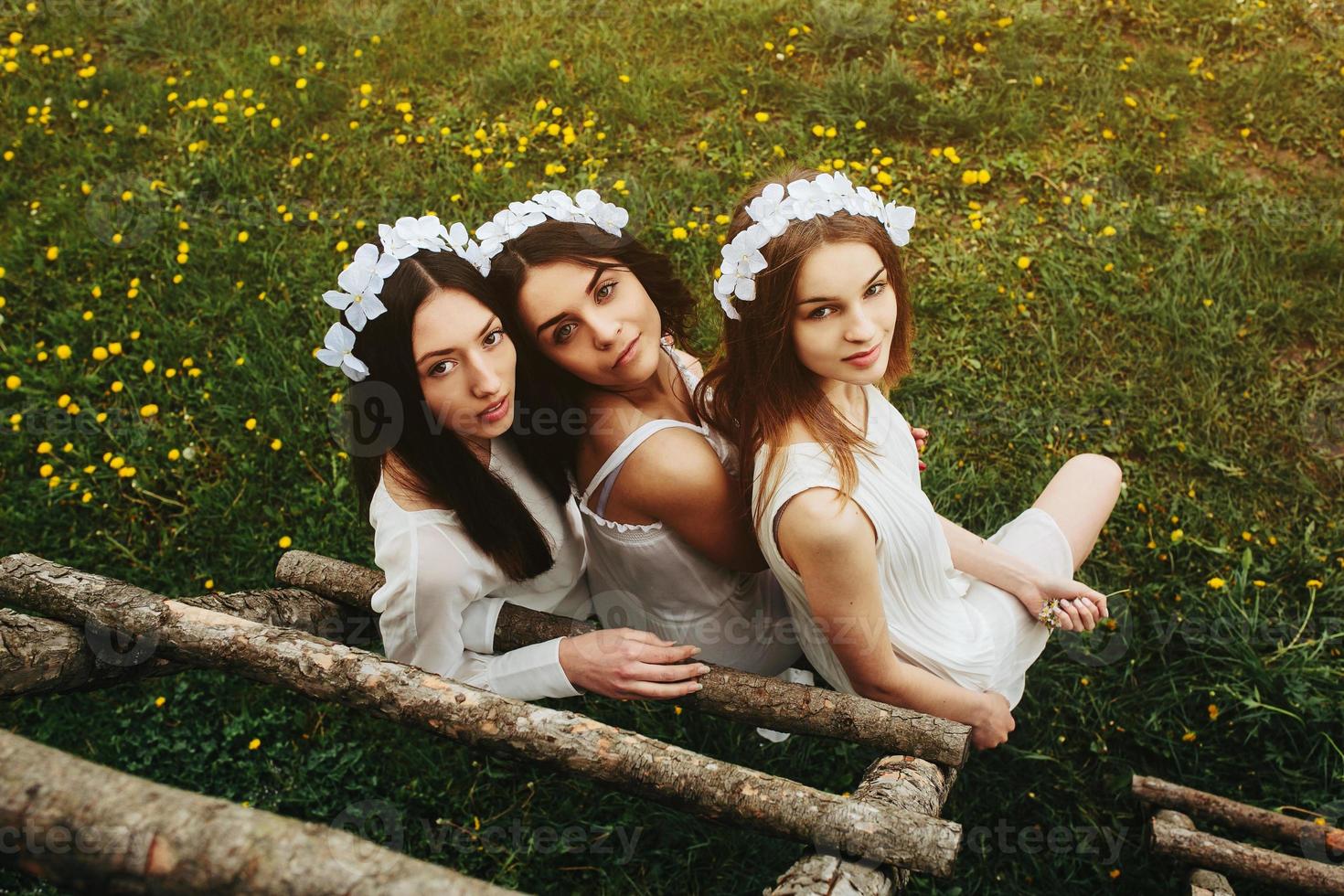 três garotas encantadoras perto de uma casa de madeira foto