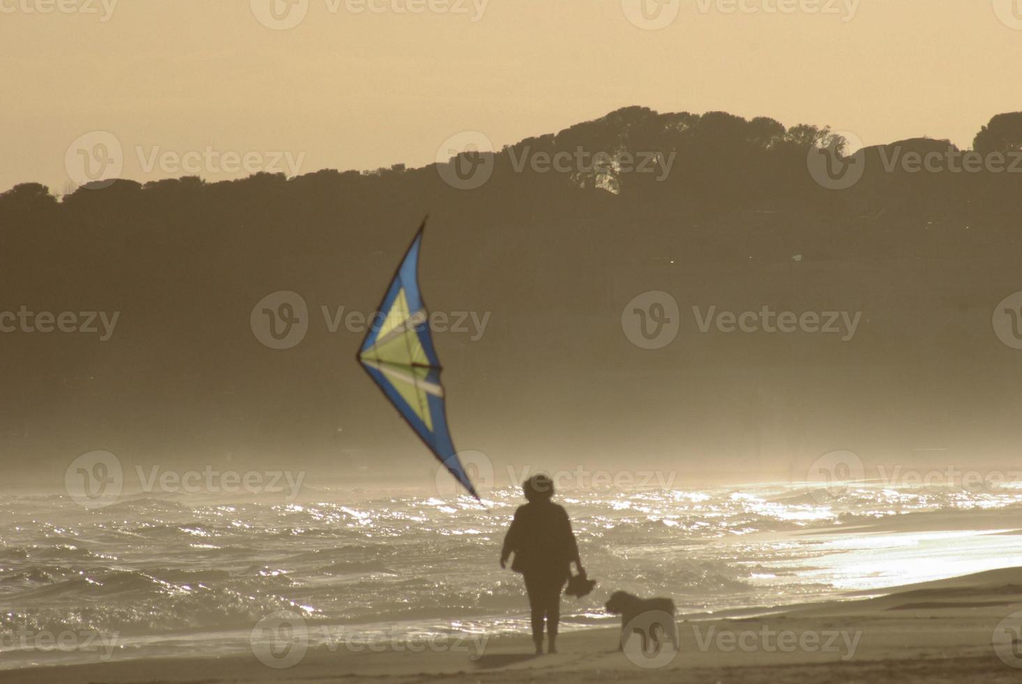 mulher com cachorro empinando pipa foto