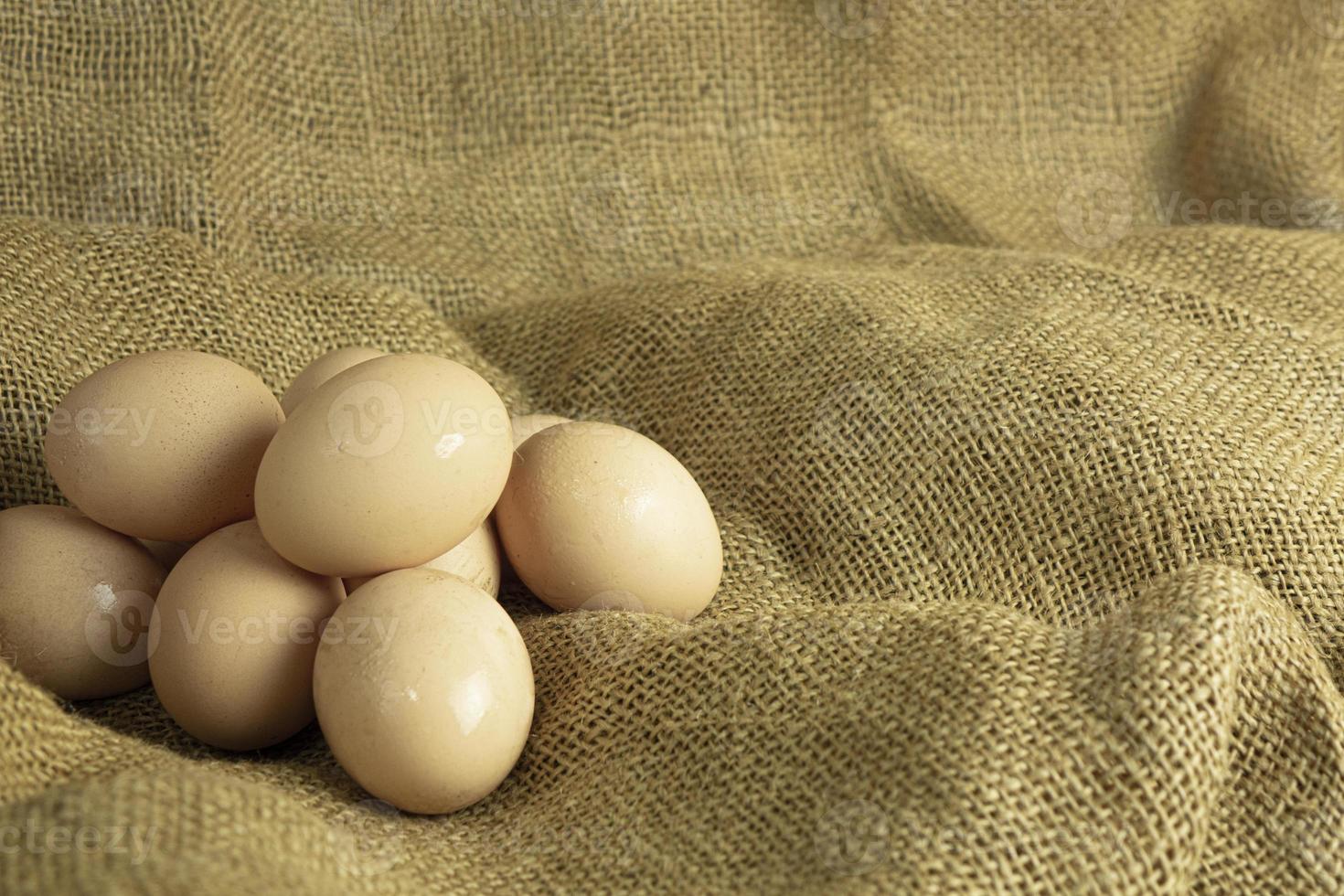ovos de galinha fresca de fazenda em fundo de saco foto