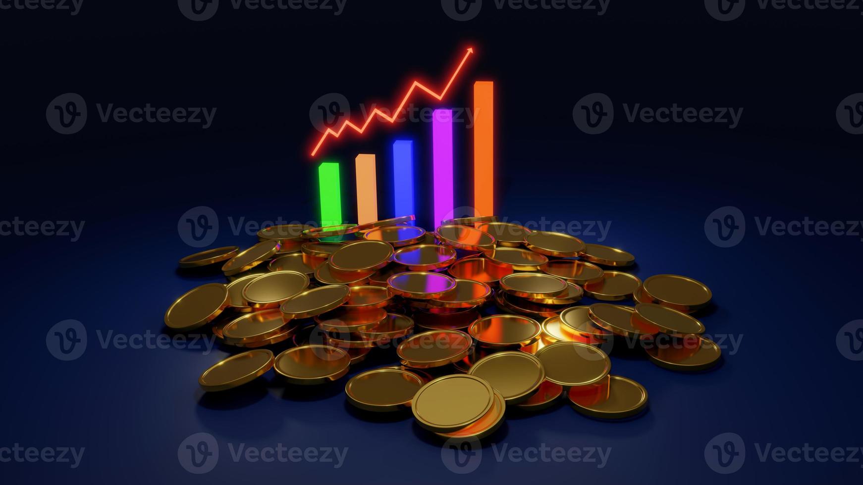 pilha de moedas de ouro e gráfico de barras mostrando o crescimento da economia financeira, ilustração 3d foto