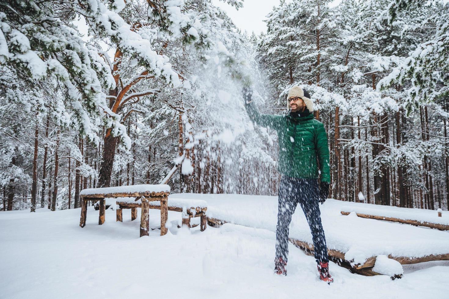 macho positivo bonito mantém a mão na árvore do abeto, parece com expressão alegre, aprecia a beleza das árvores cobertas de neve, passa fins de semana na floresta. homem barbudo sorridente de bom humor foto