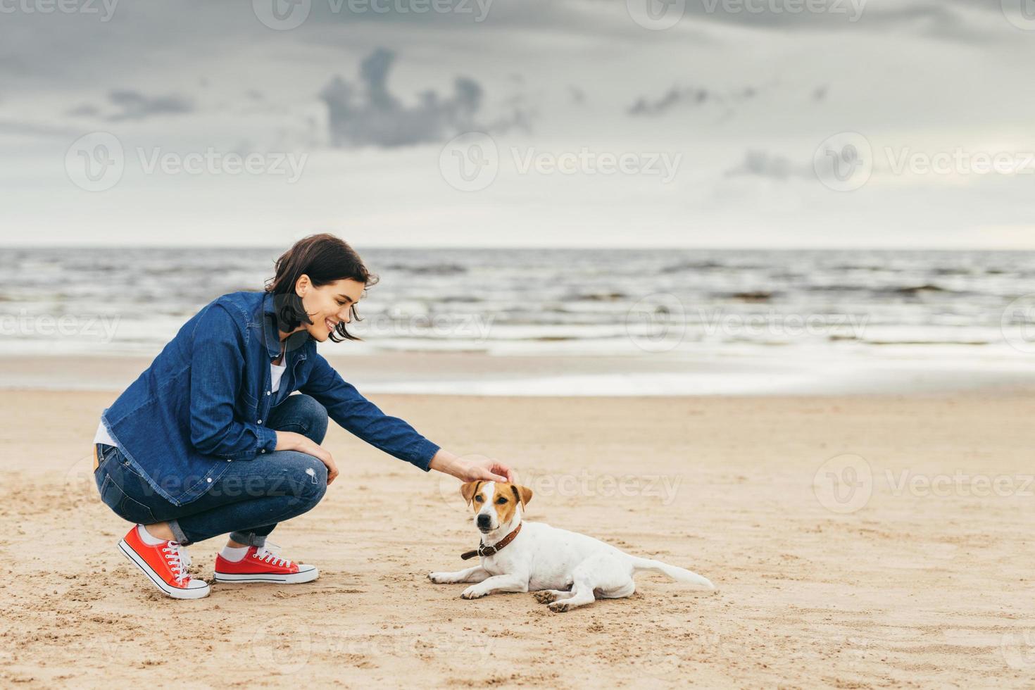 mulher caminha com cachorro na praia foto