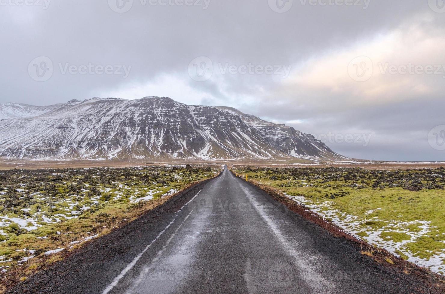 uma paisagem coberta de musgo de lava misturada faz fronteira com esta estrada estreita na Islândia. a estrada continua em direção a uma montanha coberta de neve à frente. foto