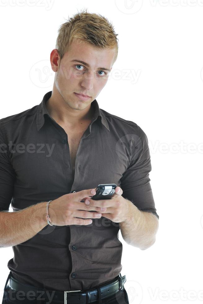 empresário com celular isolado no branco foto