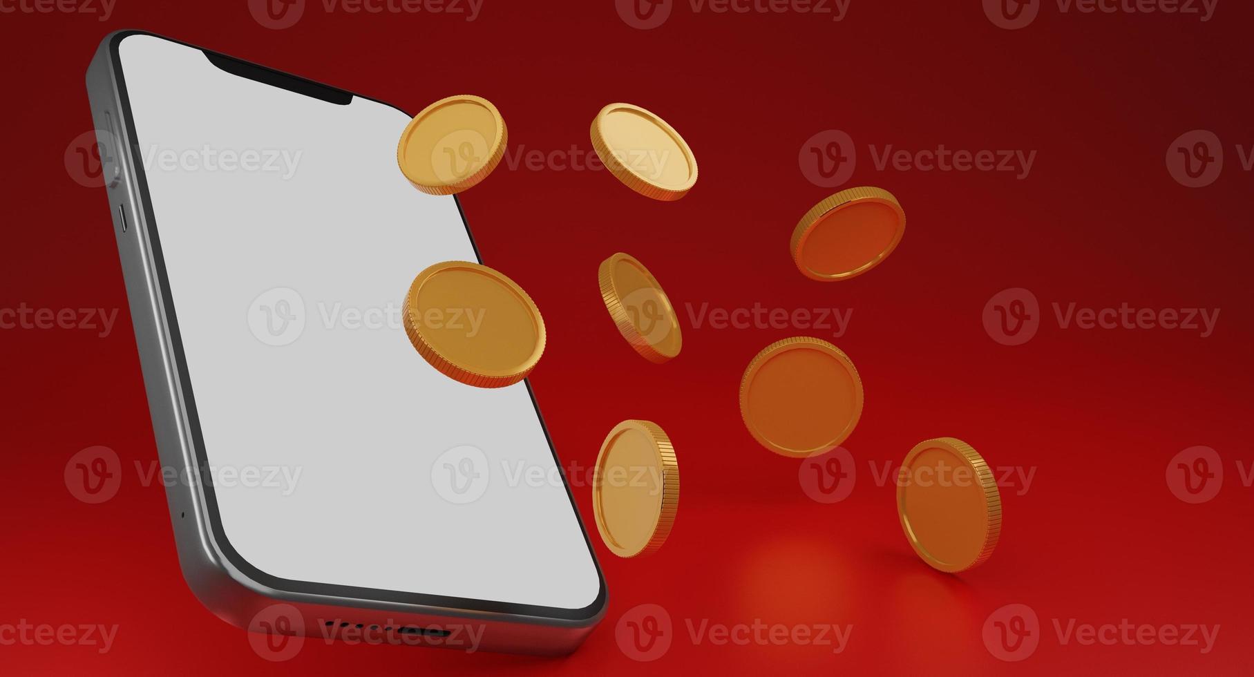 smartphone com tela em branco e moedas voando, aplicativo móvel wallet.shopping digital, moedas de setas de ourocashback e bancário, economia de dinheiro. simular espaço de cópia de tela vazia, isolar background.3d render. foto