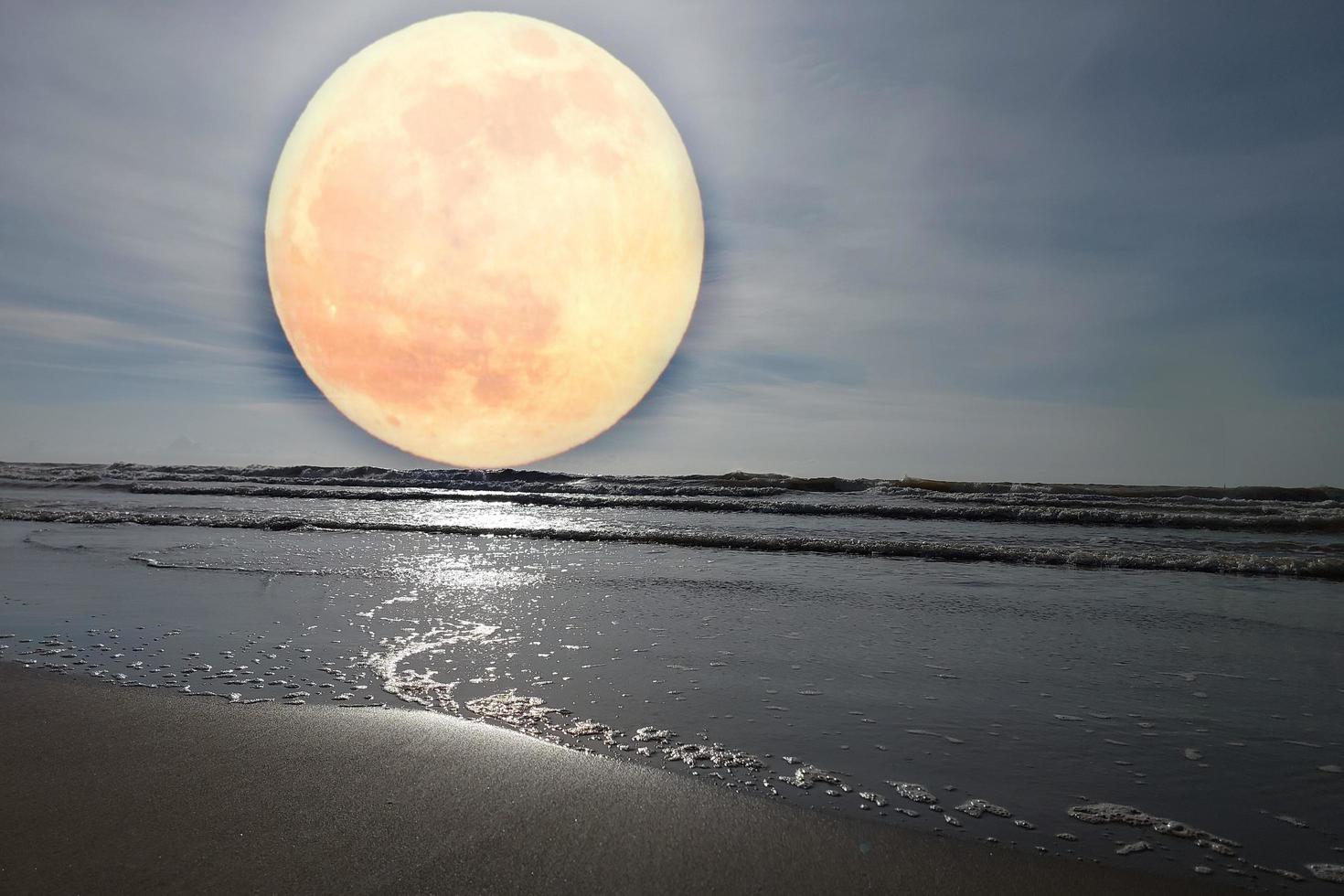paisagem lua sobre o horizonte no mar e luar. panorama com a luna da noite. grande vista fantástica mística. festival do meio do outono ou conceito de halloween. foto