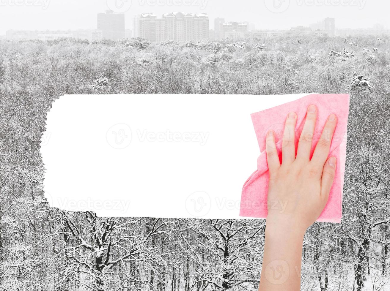 mão exclui floresta de inverno por pano rosa foto