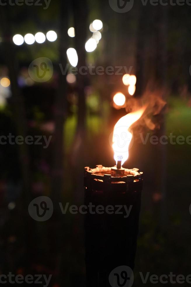 feche a tocha e o fogo no jardim noturno. foto