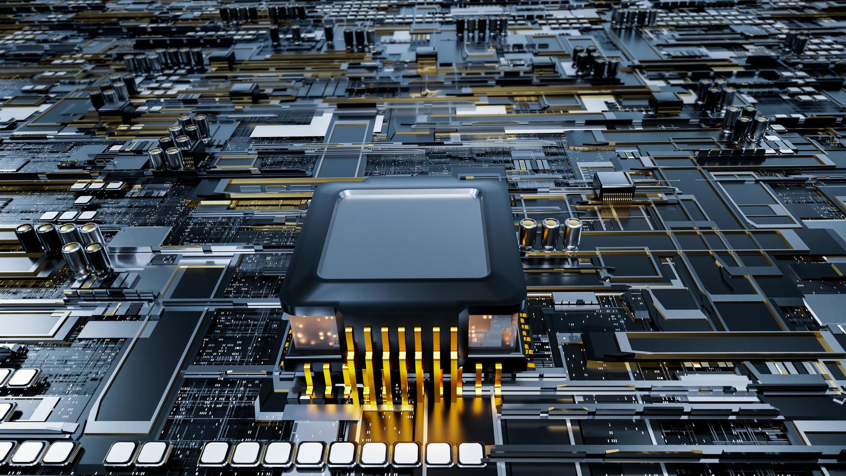 painel da placa-mãe, dispositivo eletrônico ou placa principal. imagem de tecnologia industrial dentro de máquinas industriais. ou uma placa de circuito. CPU ou chip de processador em uma placa de circuito. renderização em 3D foto