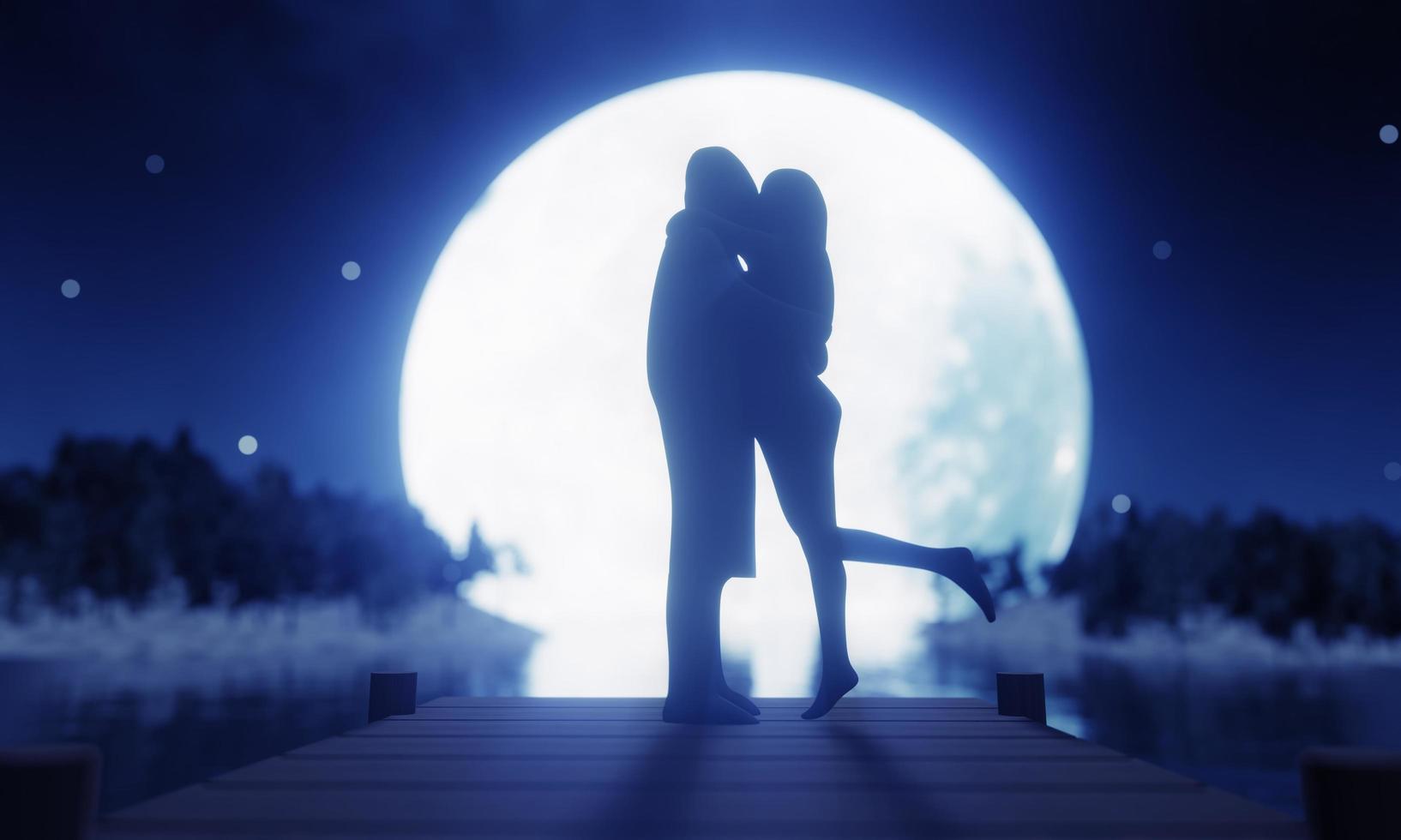 amantes da silhueta beijando romanticamente há uma lua cheia e uma estrela cheia do céu como pano de fundo. propostas de romance e casamento. renderização em 3D foto