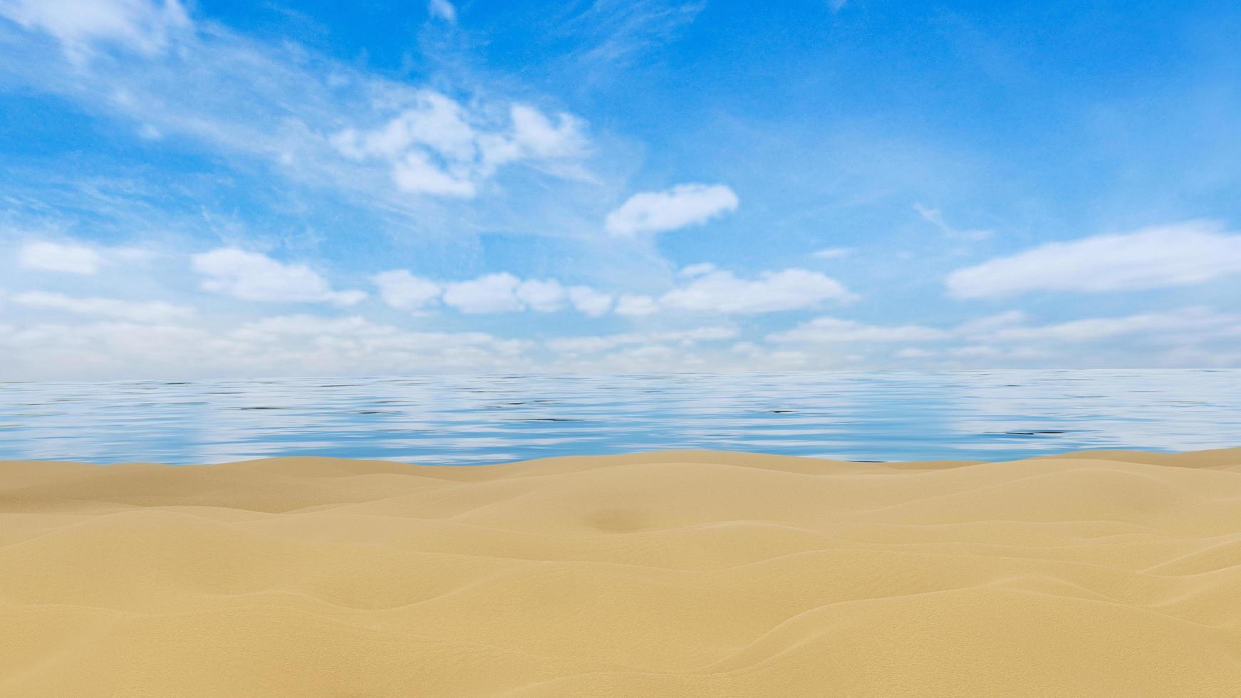 areia na praia do mar. céu azul brilhante e o mar tem pequenas ondas. cenário à beira-mar durante o dia. renderização em 3D foto