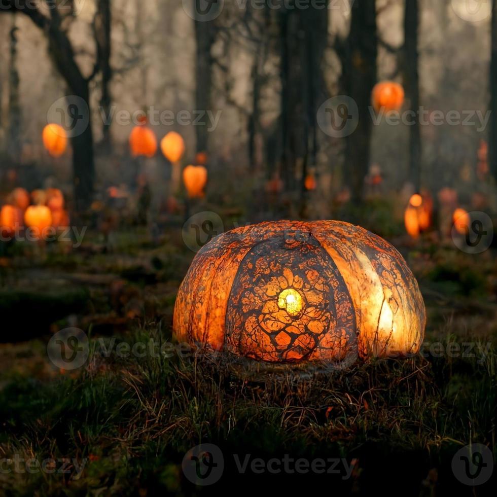 uma grande abóbora laranja está na grama e as lanternas queimam na floresta foto